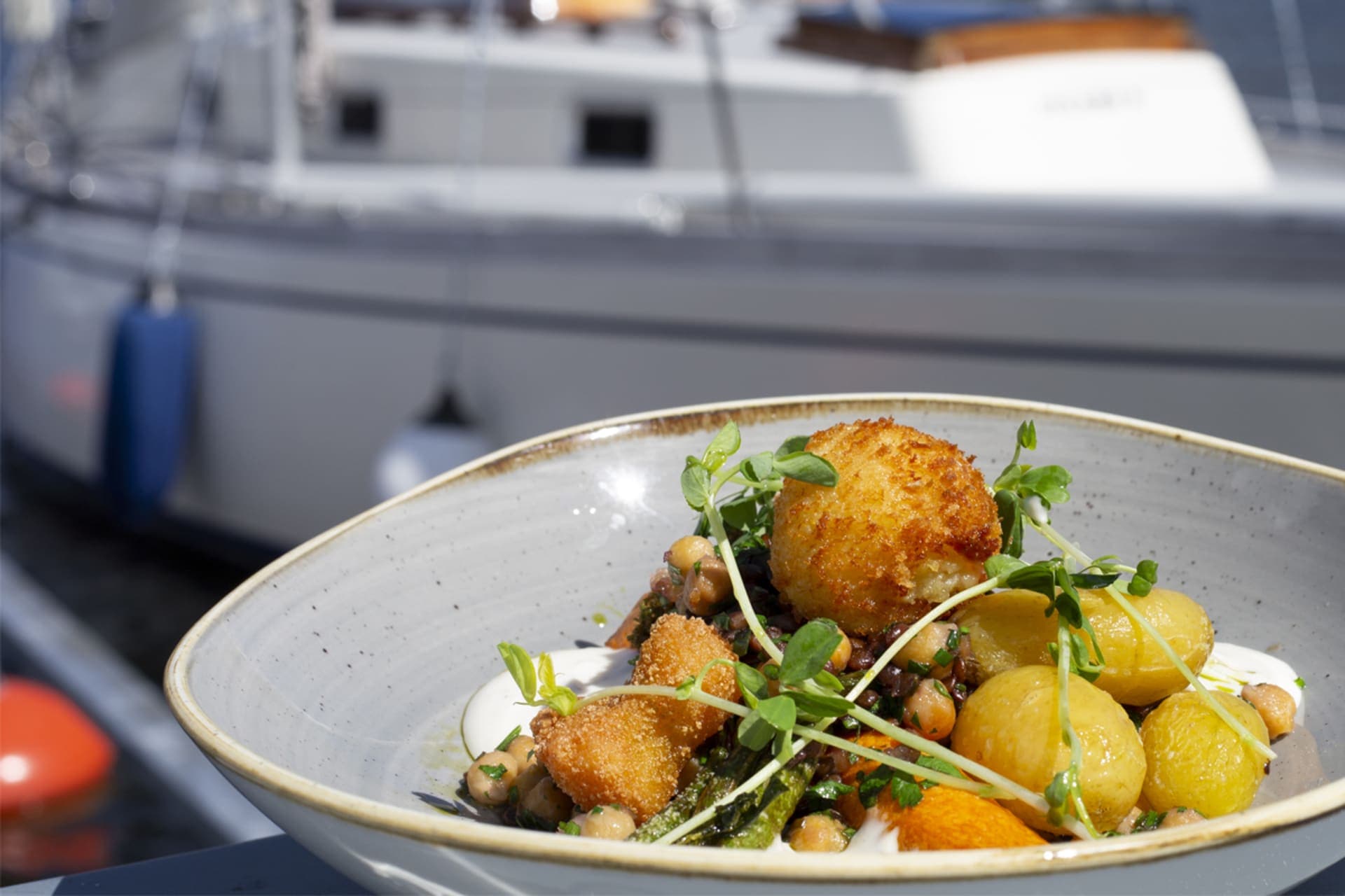 A dish served on the sunny pier at Mathildan Marina.