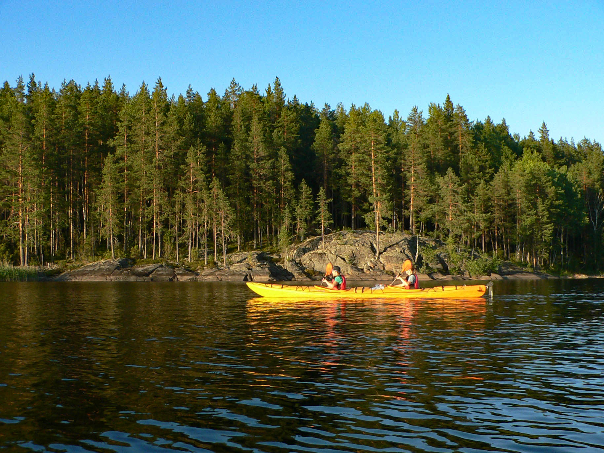 Kaksi henkilöä meloo kajakeilla. Taustalla näkyvän saaren ranta on kivikkoinen. Kajakin yläpuolella lentää lokki.
