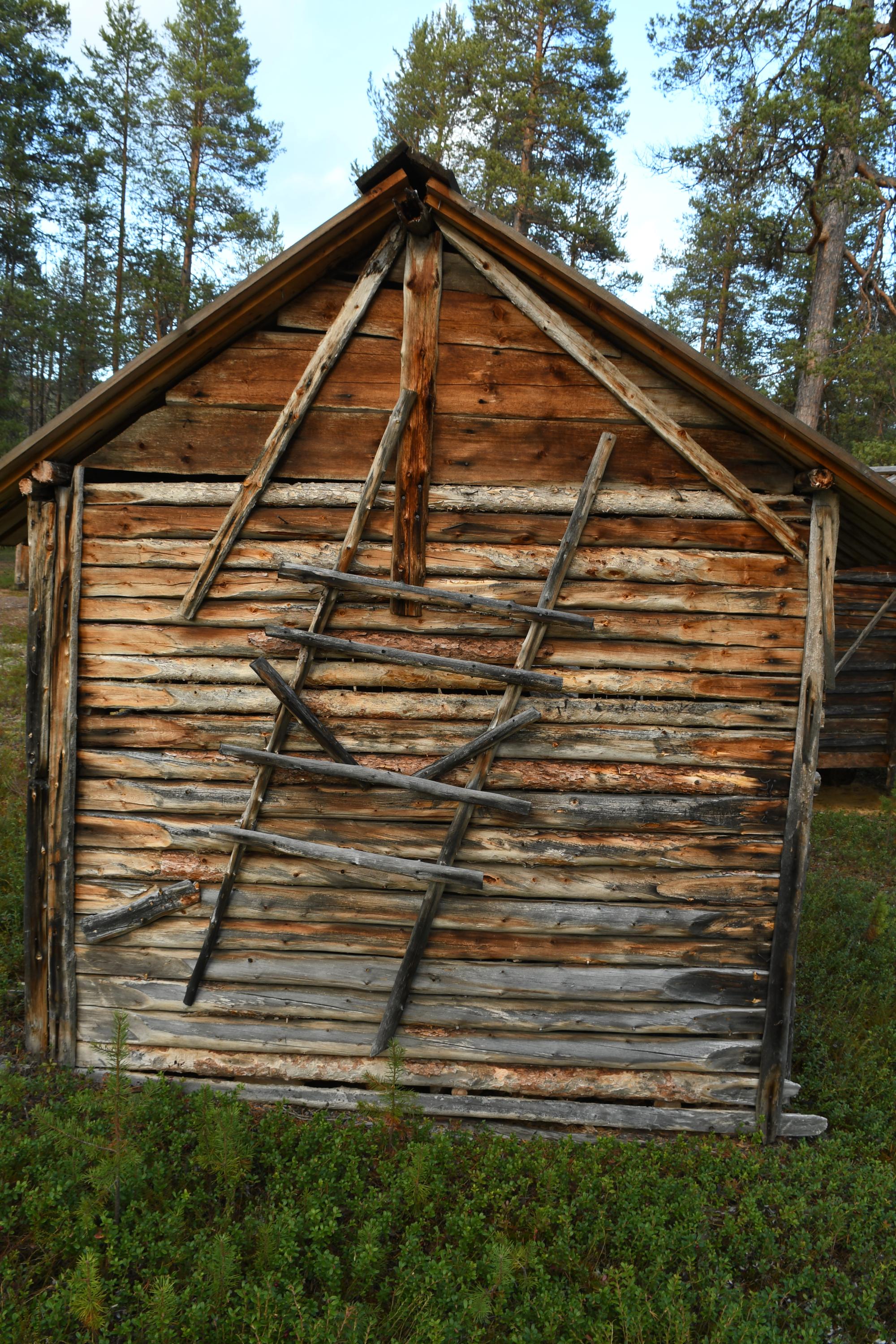 Puinen piharakennus, jonka seinustalla on kevytrakenteiset tikapuut.