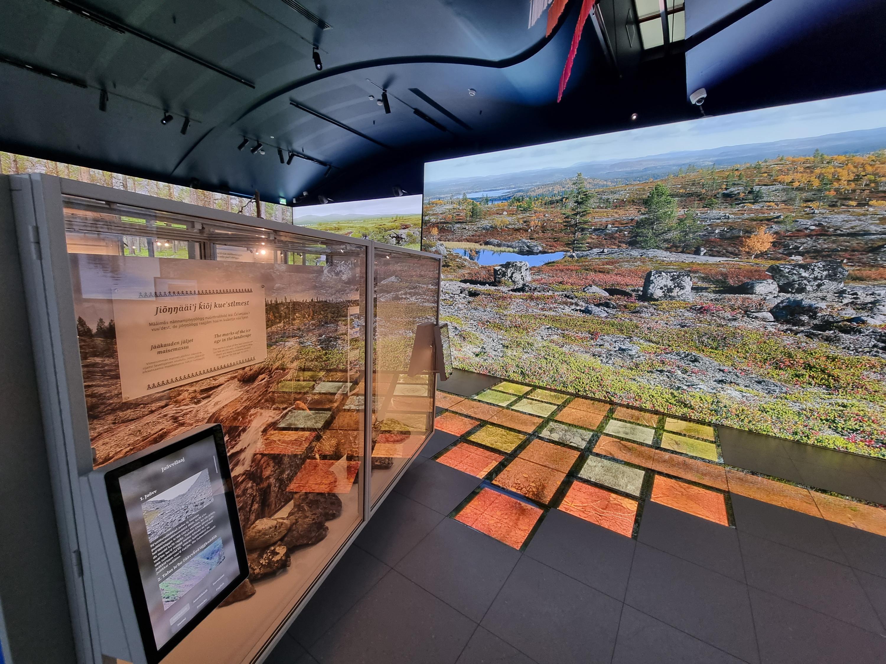 A large photo of an open rocky fell in autumn colors and colorful square in the floor in front of the photo. On the left a glass vitrine.