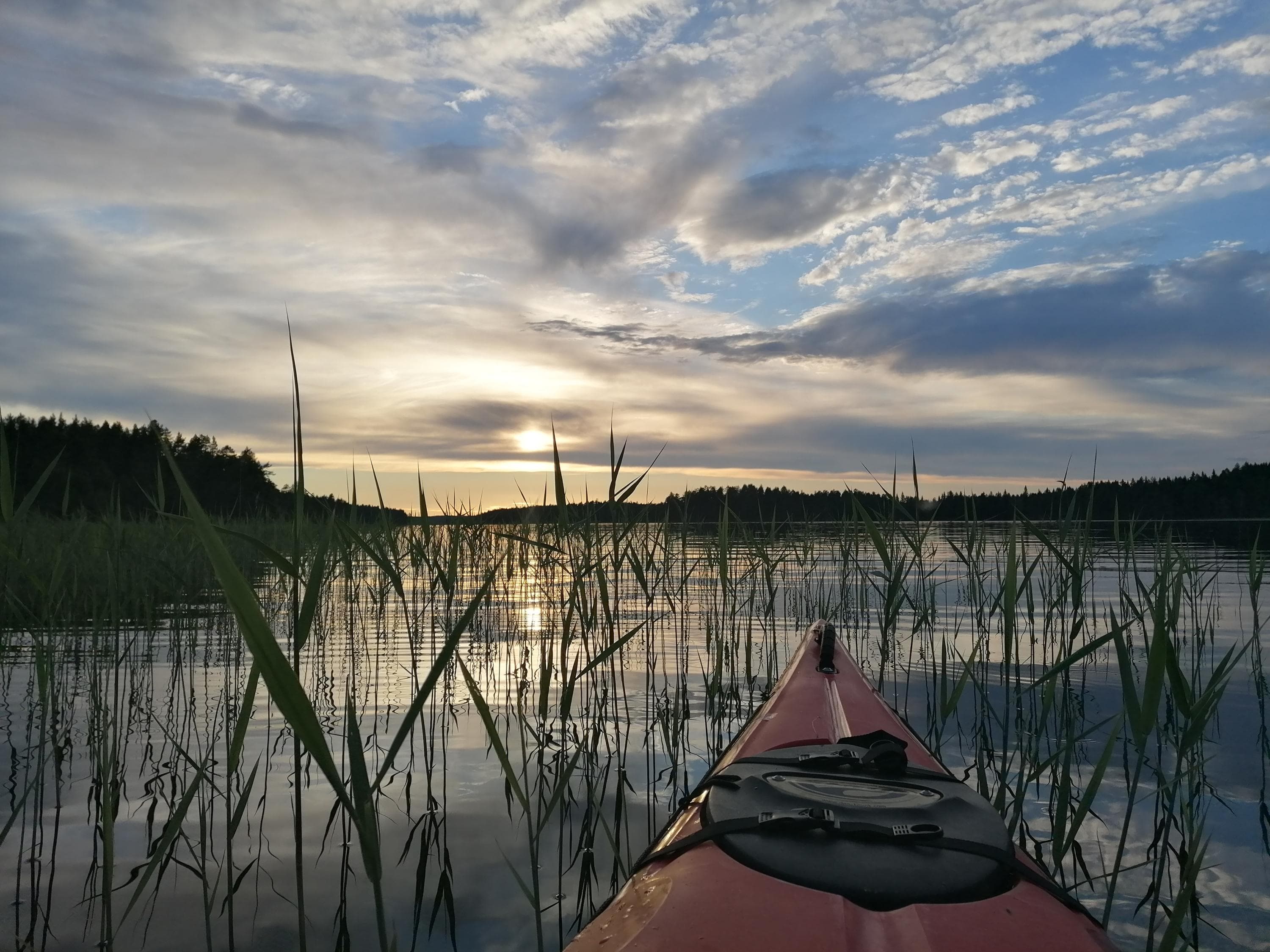Keskellä alhaalla kanootin nokka, taustalla järvi ja taivas.