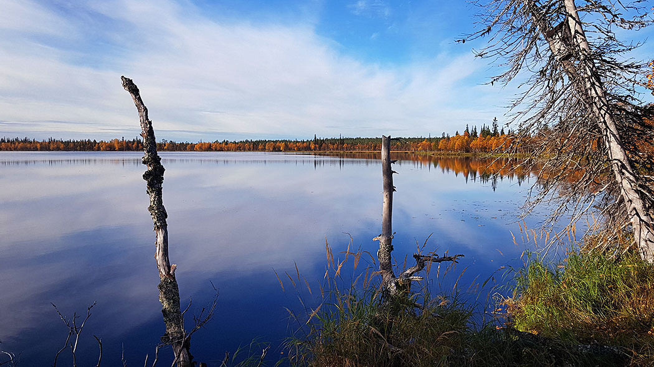 Suojärvi jonka pinnasta heijastuu sininen taivas ja pilviä.