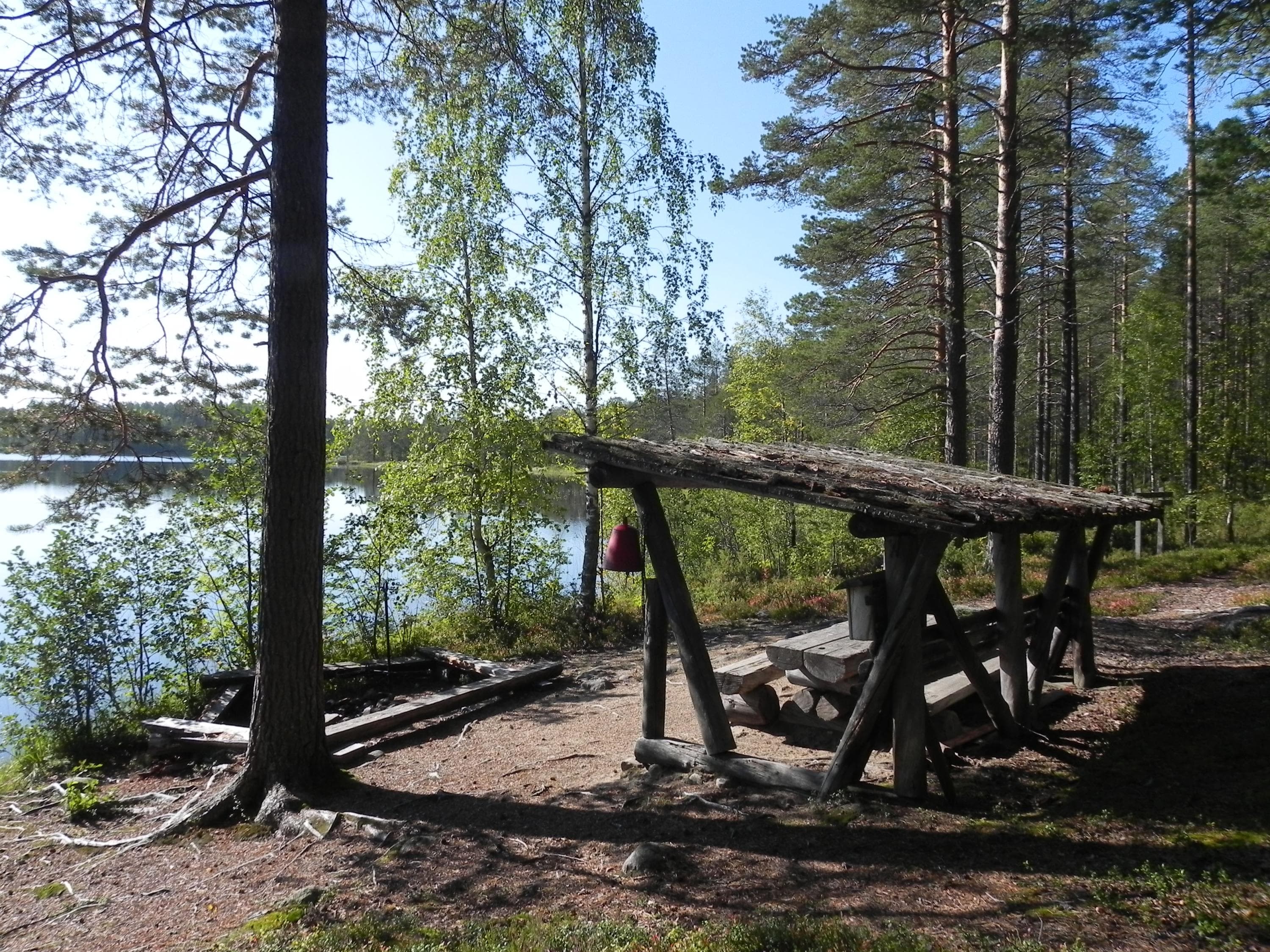 Keskellä kuvaa laavu järven rannalla. Oikeassa reunassa korkea mänty. Taustalla metsää.