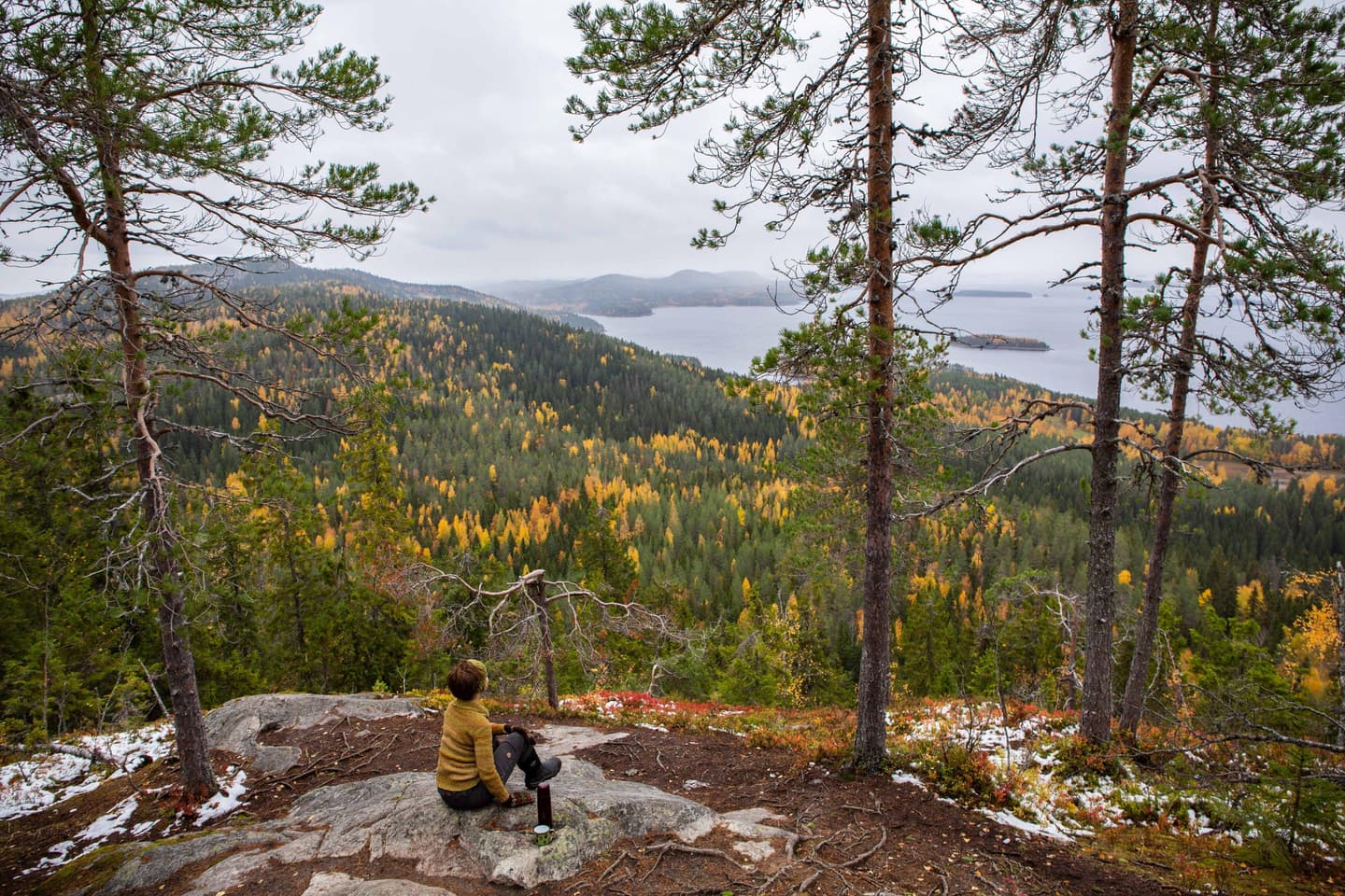 A hiker sitting on a cliff in front of an autumn forest and lake view in Koli National Park.