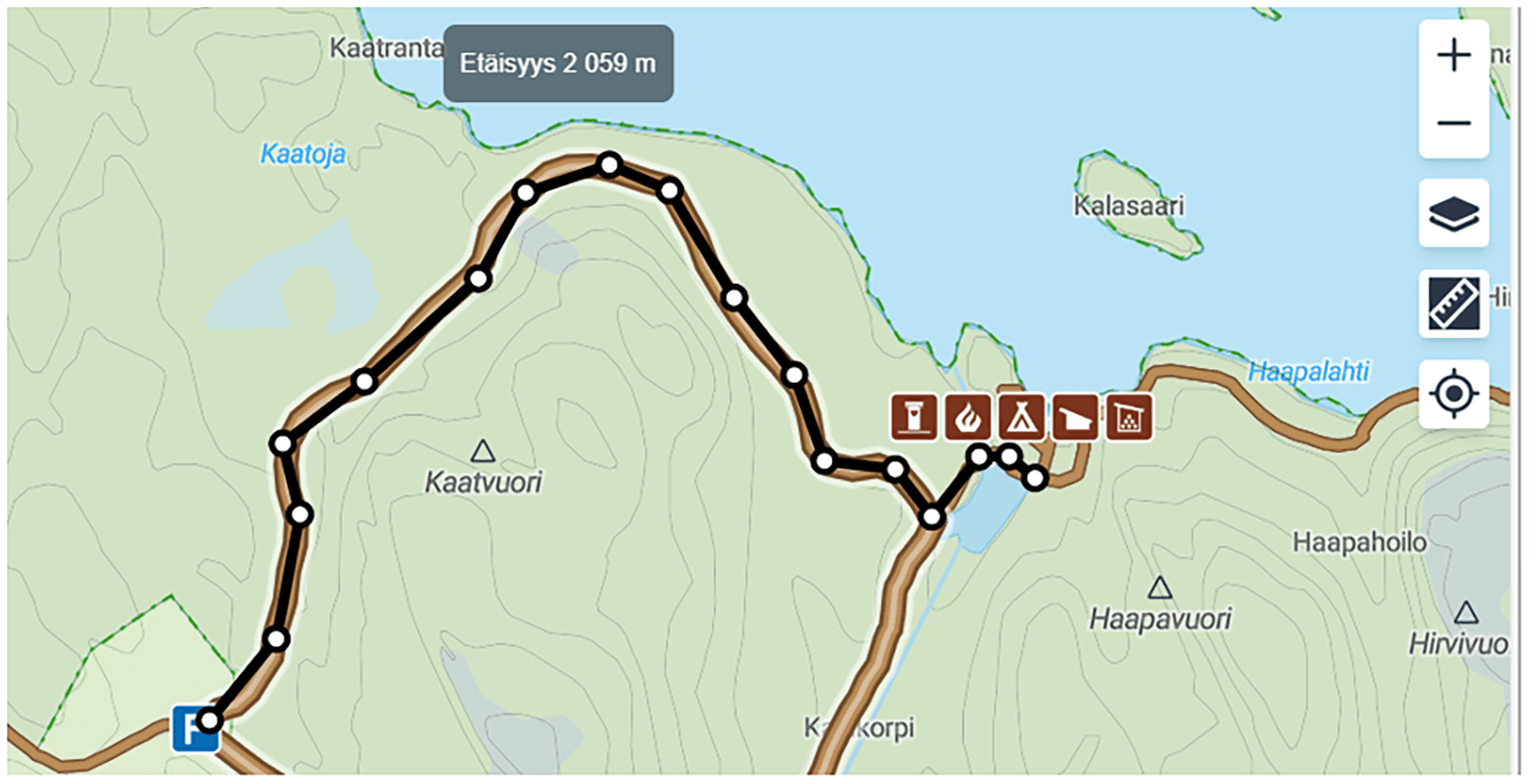 Karttanäkymä, jossa on reitillä klikattuja etappeja. Ylälaidassa laatikko, jossa lukee Etäisyys 2059 m.