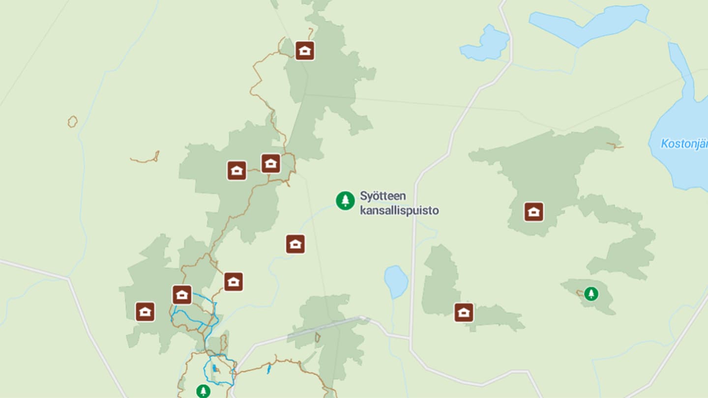 Map view with the Huts filter selected.