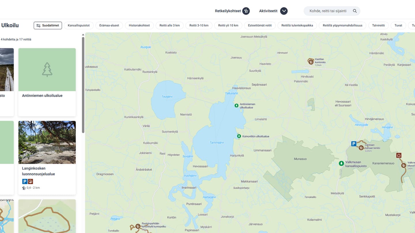 The filters are displayed above the map in the Luontoon service’s destination and route search.