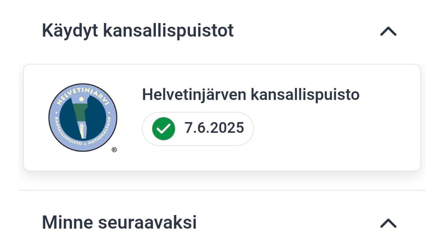 Screenshot of a mobile view with the texts “Visited national parks”, “Helvetinjärvi National Park, 7 June 2025” and “Where next”.