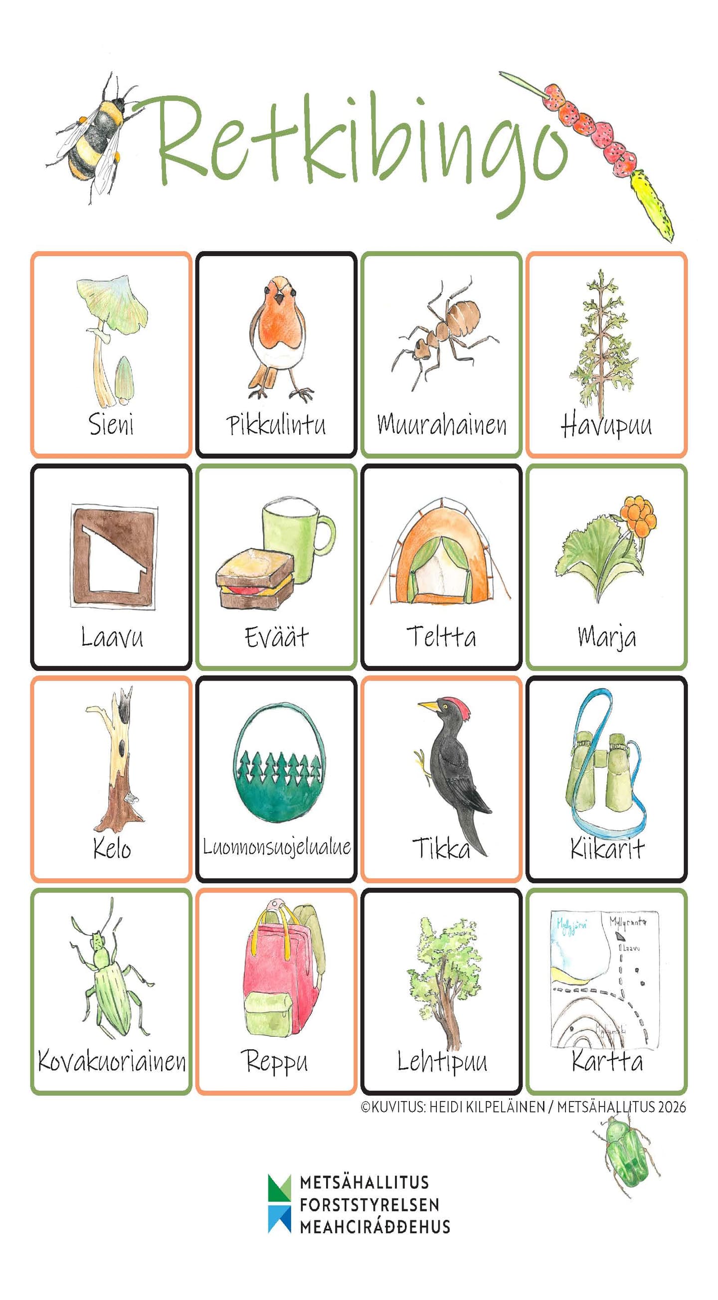 4 kertaa 4 ruudun bingo-peli, jossa on retkeilyyn ja luontoon liittyviä asioita.