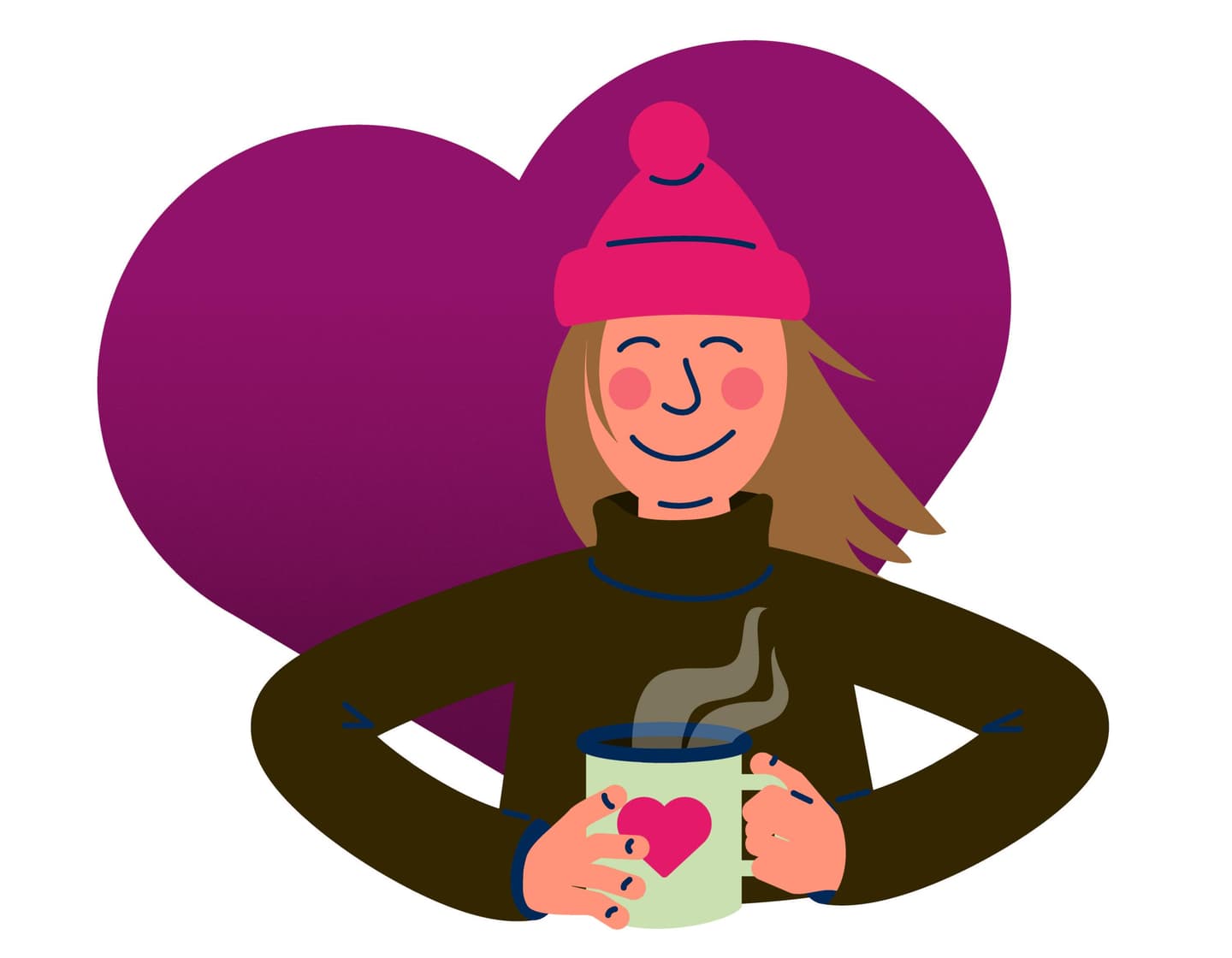 An illustrated person wearing a red beanie is holding a steaming cup. A purple heart is shown in the background.