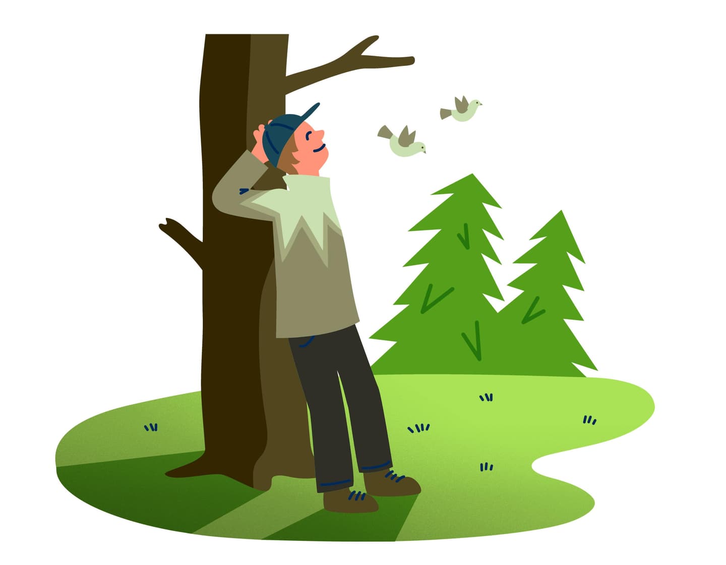 An illustrated person wearing a green shirt is leaning against a tree trunk.