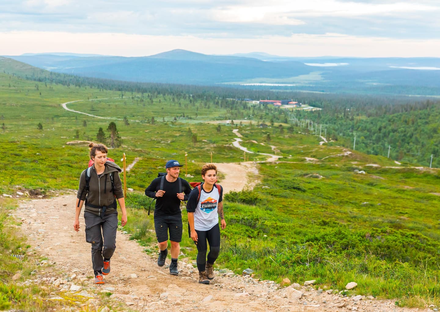 Bild: Flatlight Tre vandrare som klättrar en stig till fjällen. I bakgrunden ett rymligt landskap med fjällen i horisonten. Det är midsommar.