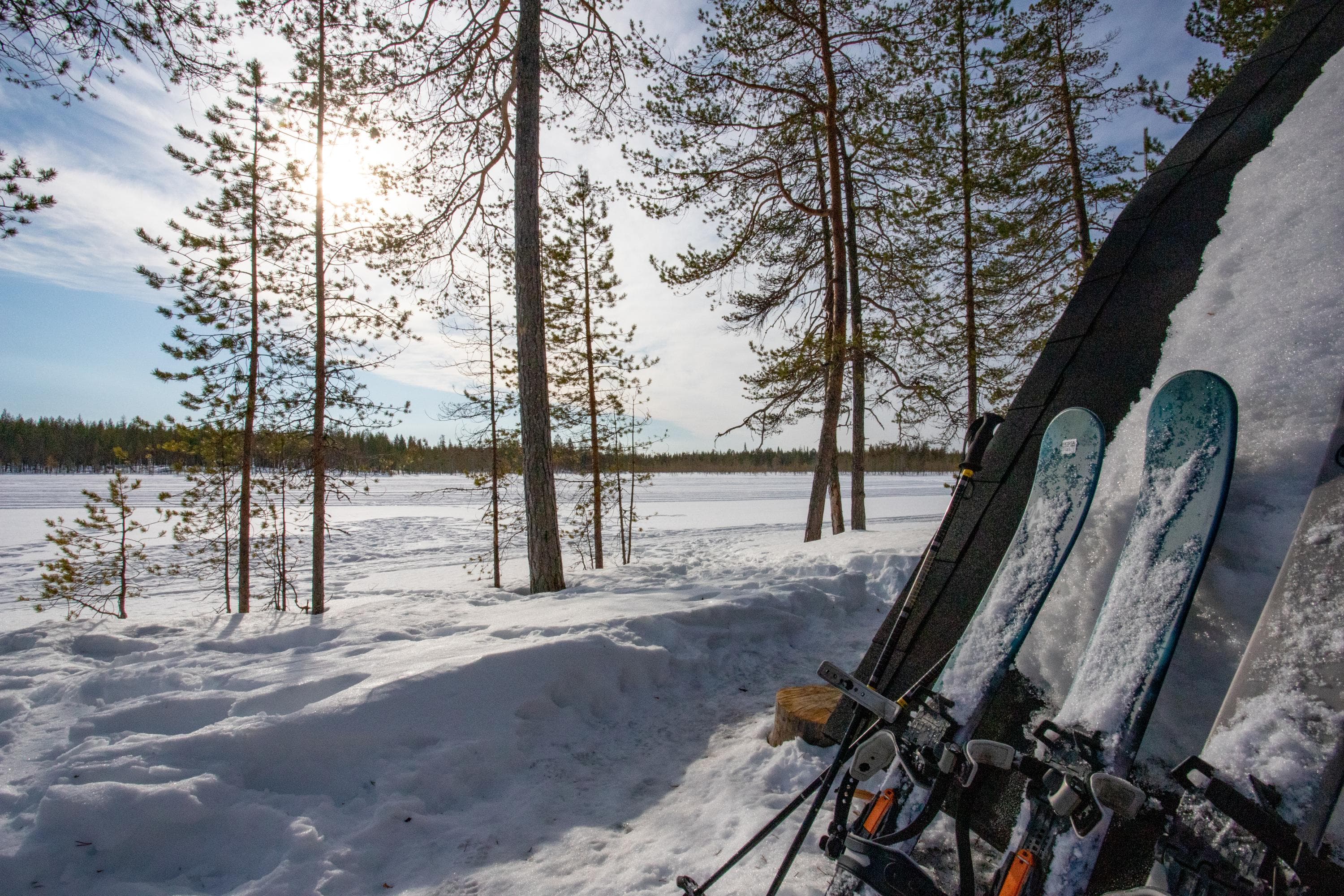 Image: Minna Koramo Talvista metsä- ja järvimaisemaa. Etualalla on laavun seinustaa, johon nojaa liukulumikenkiä.