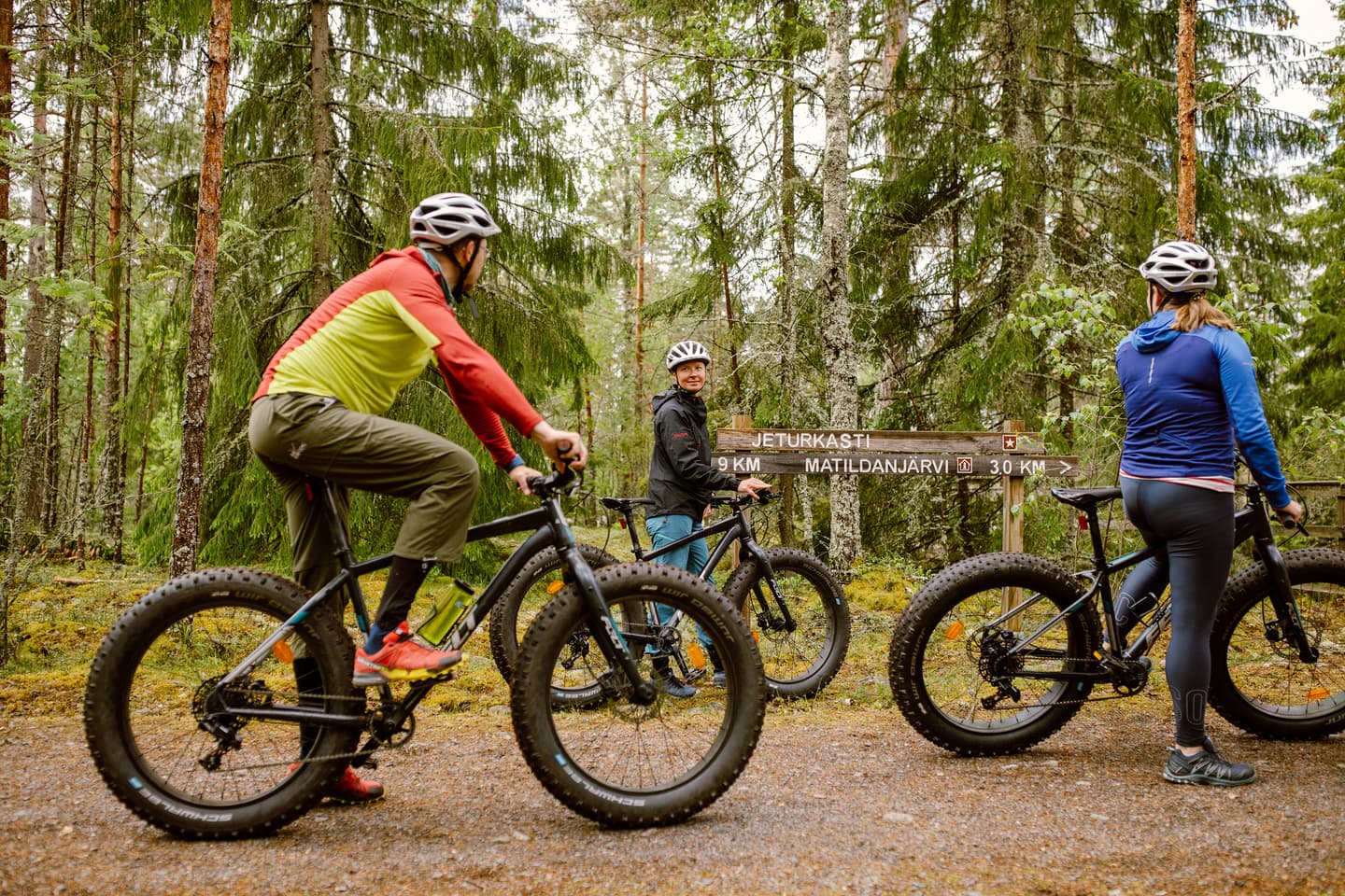 Kove: Natura Viva Three individuals riding mountain bikes on a forest trail. They are wearing casual cycling attire and helmets. The forest is dense with fallen leaves on the ground, indicating it might be autumn.
