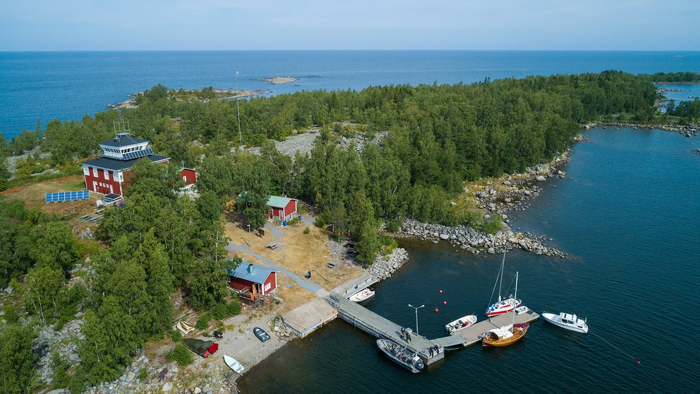 Image: Christoffer Brjörklund Aerial view of an island with a boat dock and buildings.