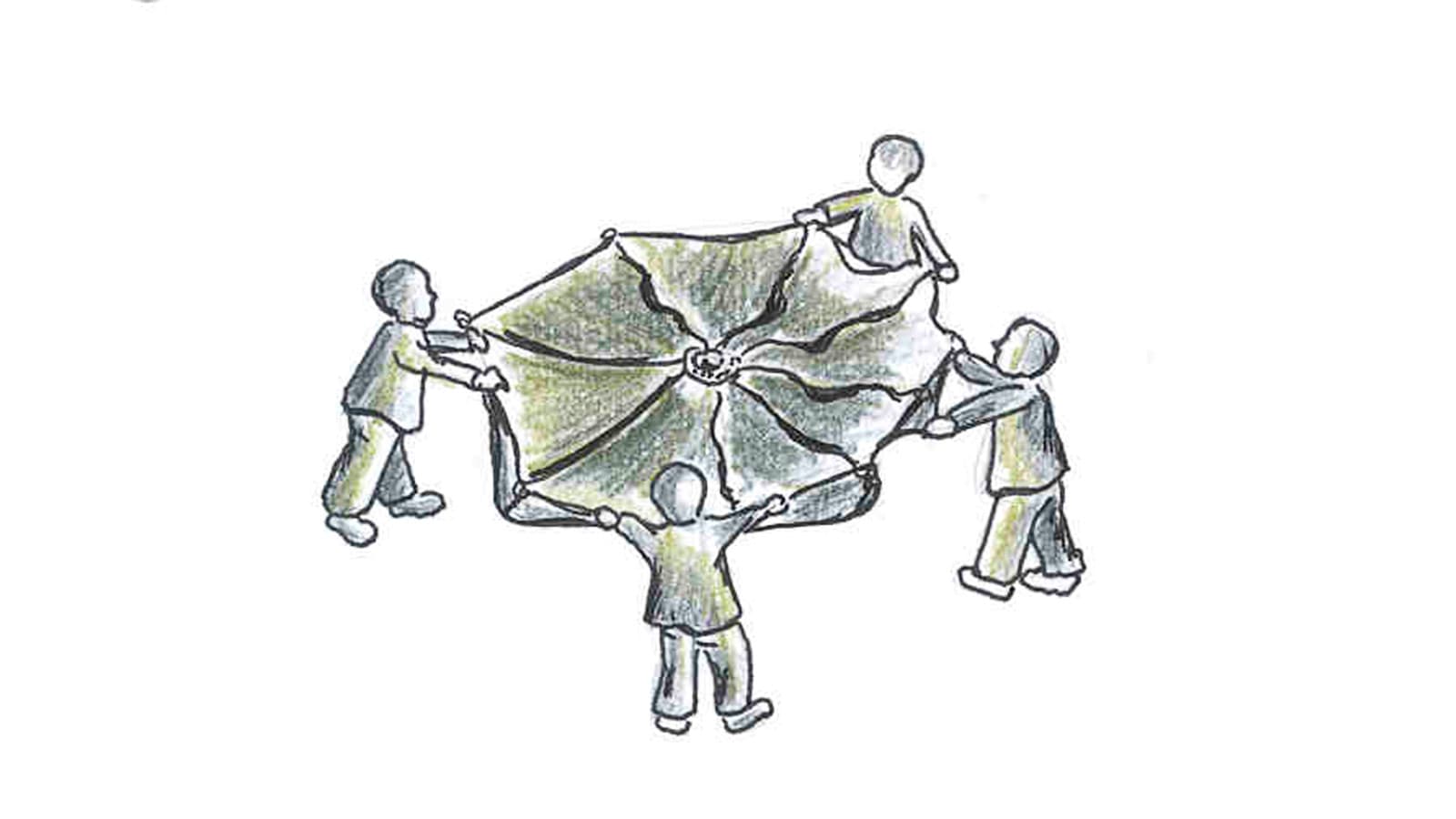 Bild: Titta Jylhänkangas En ritad bild där fyra personer håller tag i tältets olika hörn.