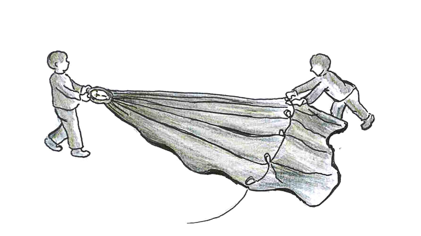Bild: Titta Jylhänkangas En ritad bild där två personer tar ner ett tält. En person håller tag i metallringen i toppen av tältet medan den andra samlar ihop metallringarna i tältets hörn.