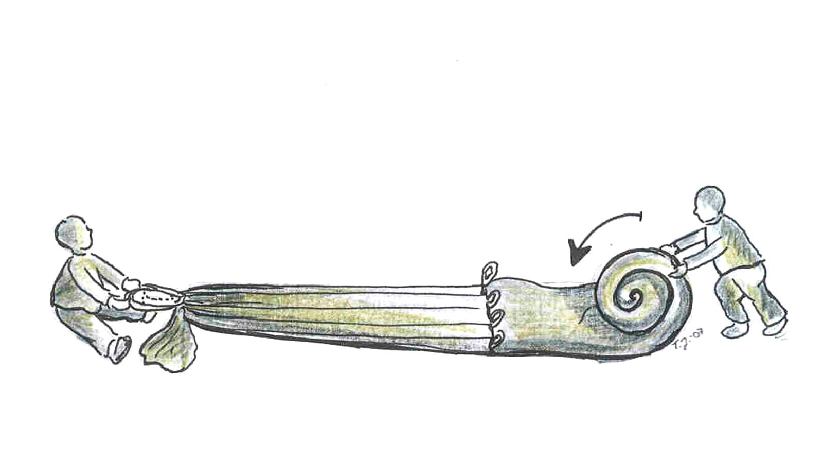 Bild: Titta Jylhänkangas En ritad bild där en person håller tag i metallringen i toppen av tältet medan den andra rullar ihop tyget i längdriktningen nerifrån och upp.