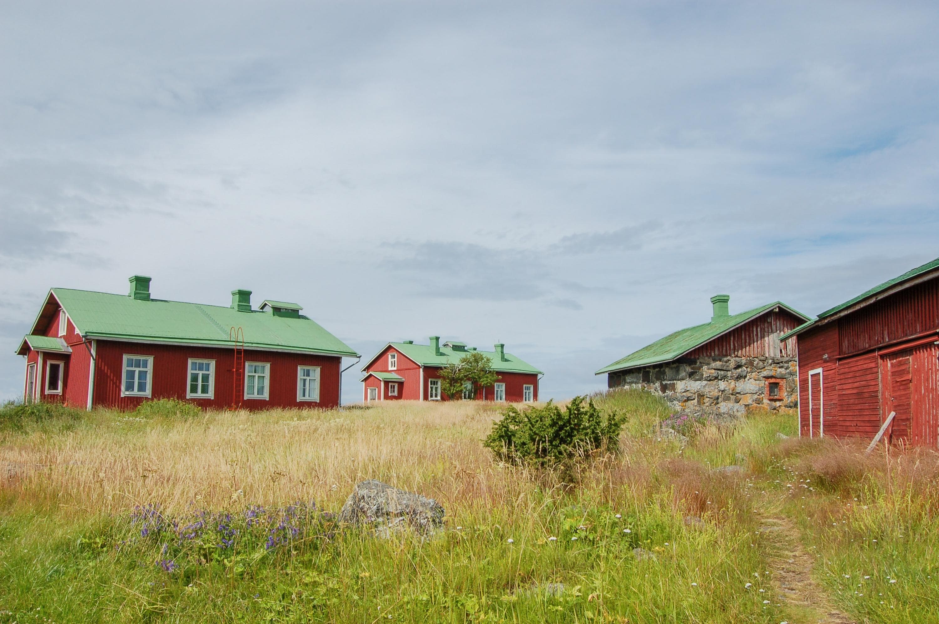 Kuva: Saara Airaksinen Punaisia, vanhoja rakennuksia. Pihapiirissä on niitty.