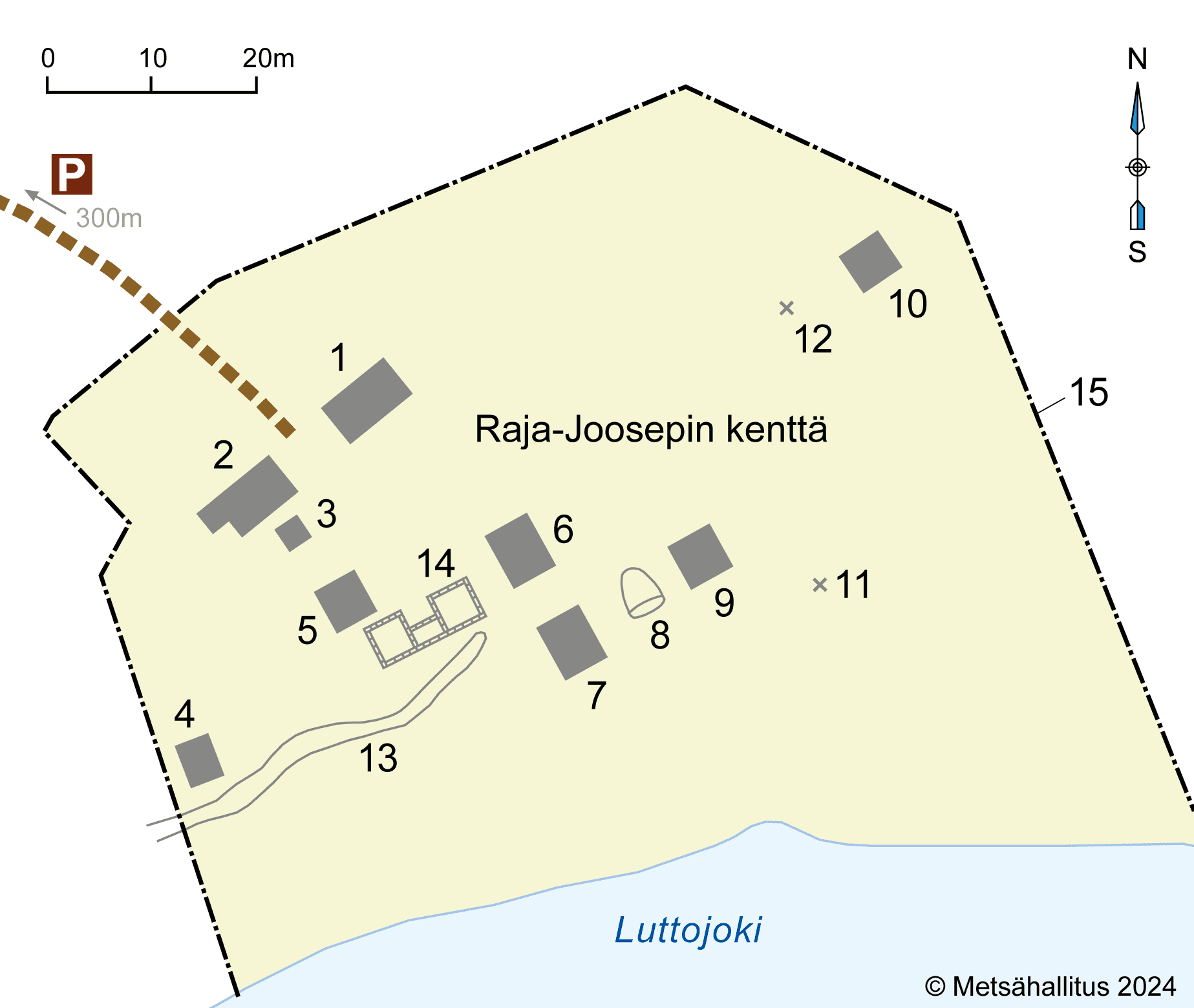 Kuva: Metsähallitus. Asemapiirros, missä kohteena maa-alue on vihreällä, vesistö sinisellä. Rakennuksia kuvataan harmailla neliöillä.