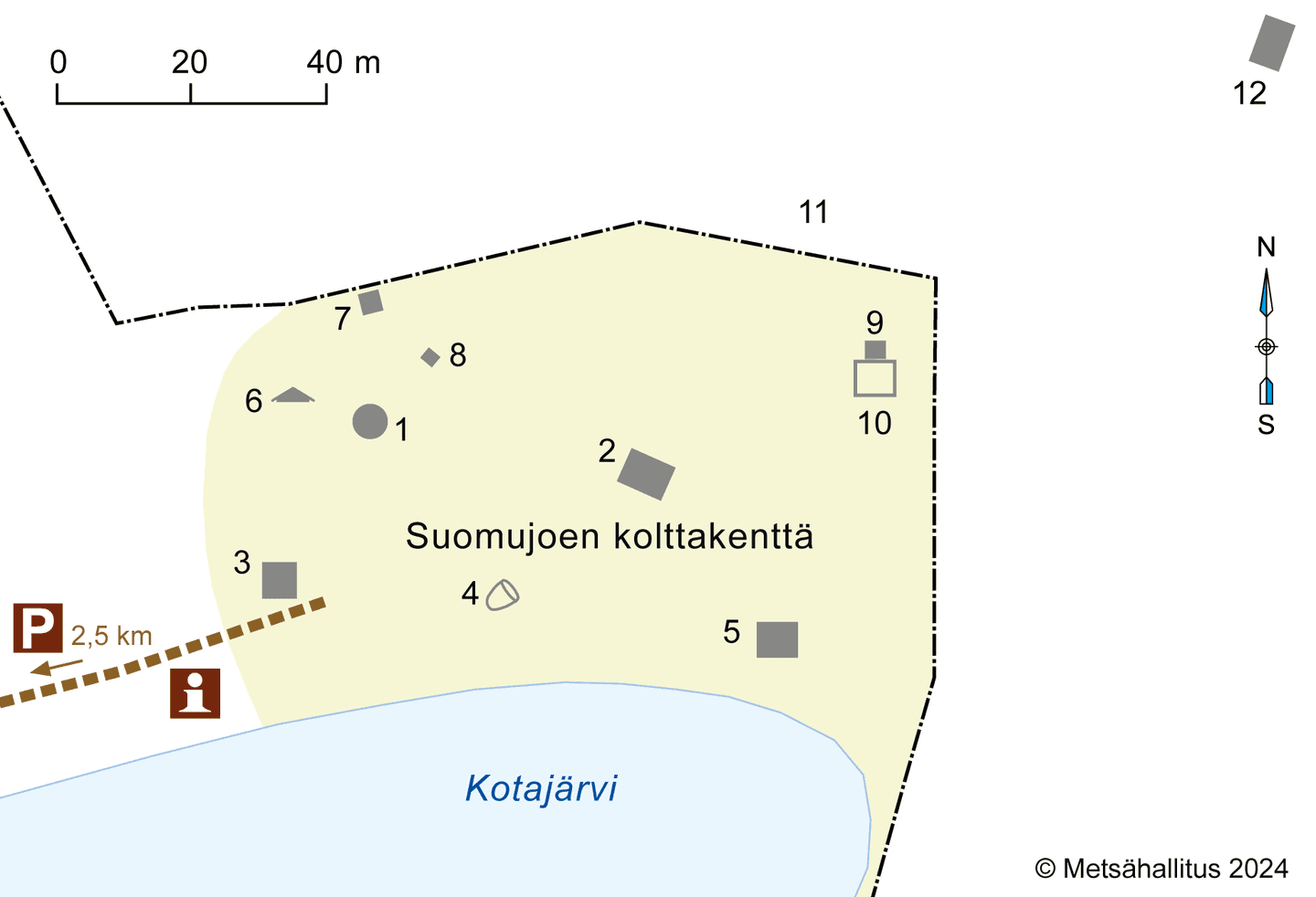 Bild: Metsähallitus En situationsplan med en sjö markerad i blått och marken i gult. Byggnaderna är markerade med gråa rutor och nummer.