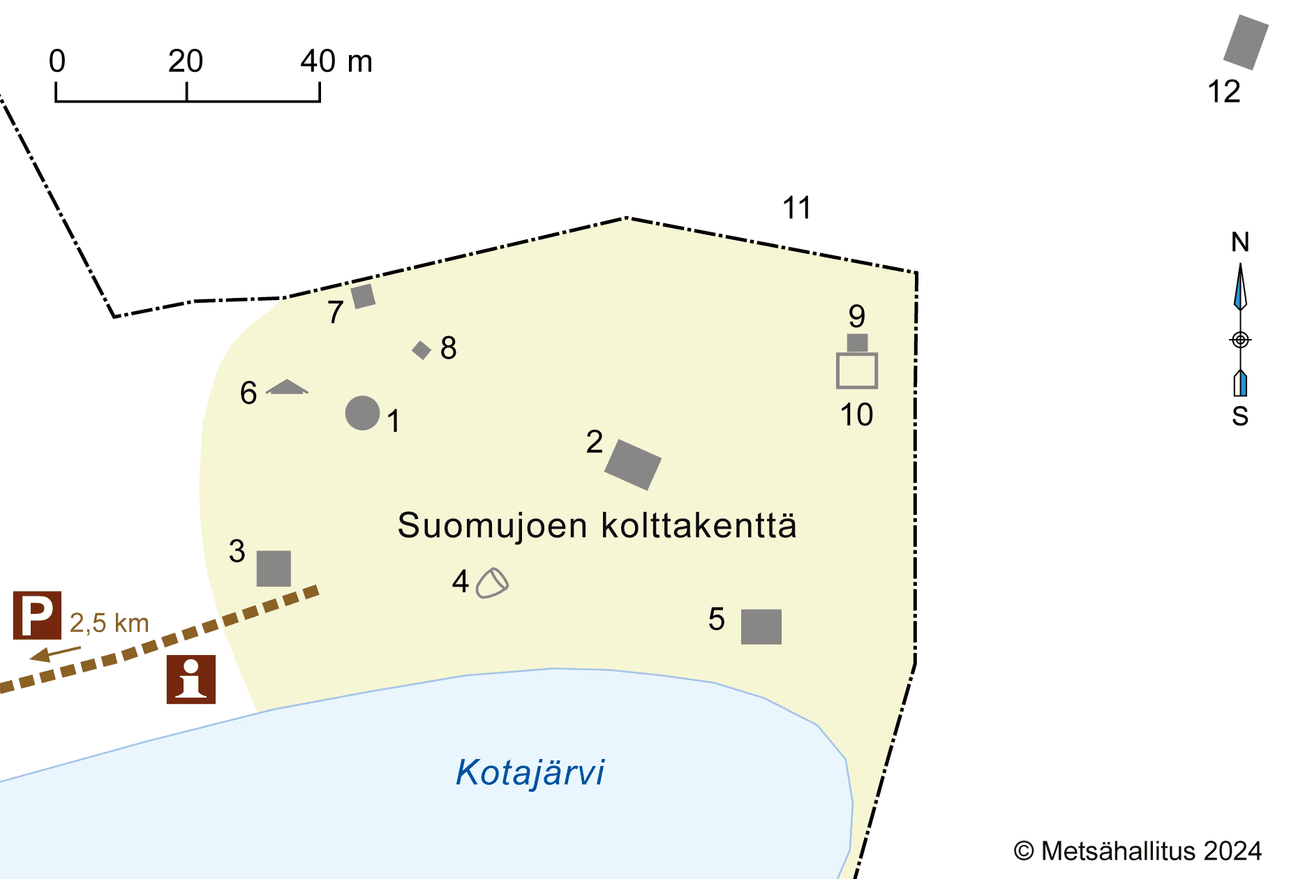 Bild: Metsähallitus En situationsplan med en sjö markerad i blått och marken i gult. Byggnaderna är markerade med gråa rutor och nummer.