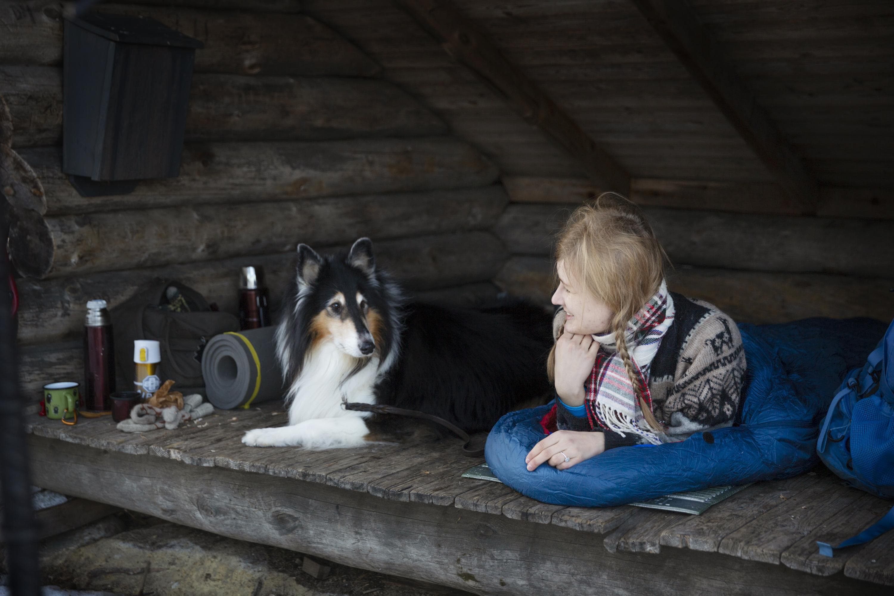 Kuva: Johanna Kokkola Kytketty koira ja retkeilijä makaavat laavussa talviaikana.