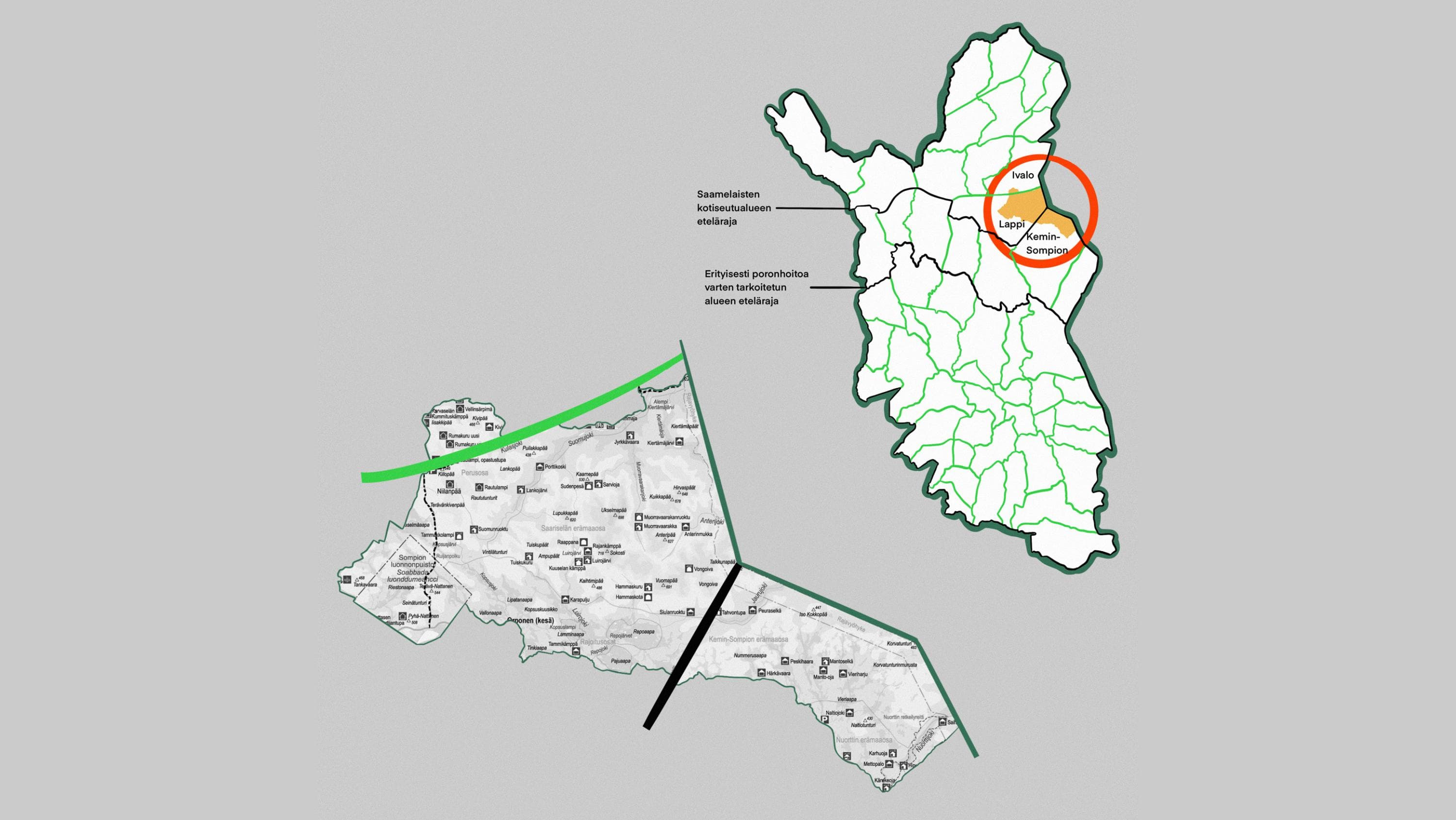 Image: Metsähallitus. Govas leat guokte iešguđetlágan kártta. Nubbi karttas lea oppa Suoma boazodoalloguovlu. Dárkileappot kárttas oainnát álbmotmeahcci ja golmma bálggusa rádjáid.