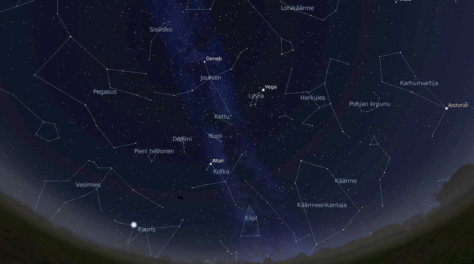 Kuva: Vesa Korhonen Tähtikartta alkusyksyn tähtitaivaasta Keski-Suomen korkeudella etelään katsoen.