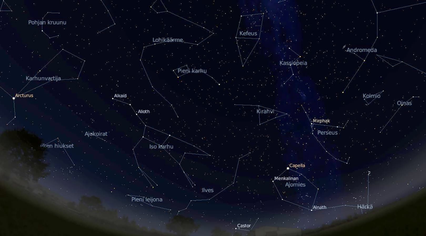 Kuva: Vesa Korhonen Tähtikartta alkusyksyn tähtitaivaasta Keski-Suomen korkeudella pohjoiseen katsoen.