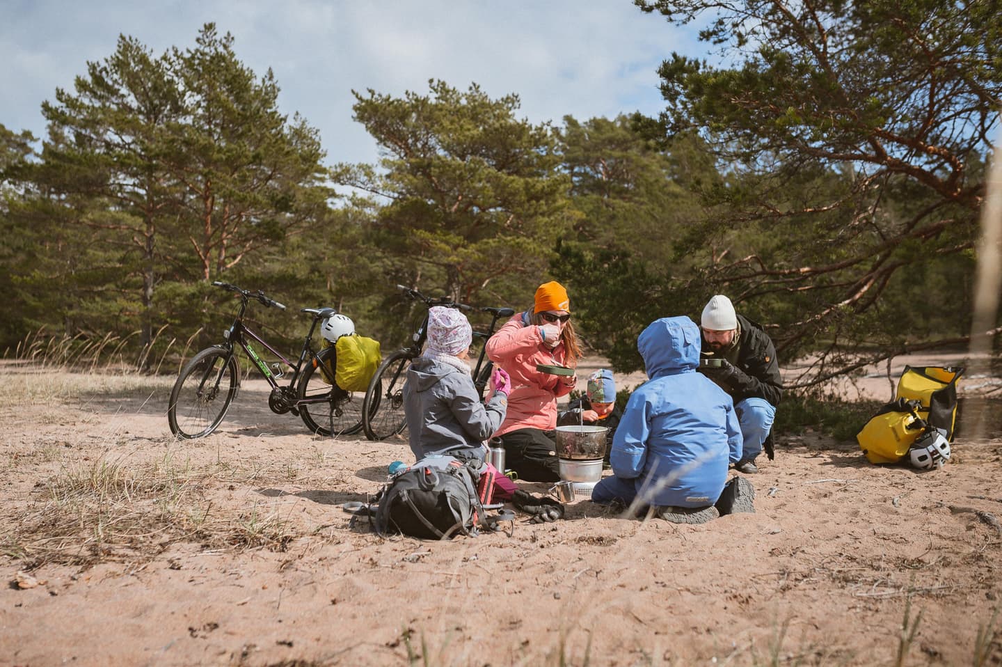Two adults and two children, sitting with their backs to the camera, are on the sand in front of pine trees, eating. They have a camping stove in the middle, and behind them are two adult bicycles with panniers.