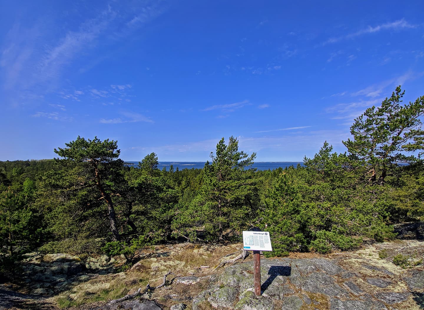 Image: Jani Virtanen View from the rock over the conifers to the sea, in front of an information board.