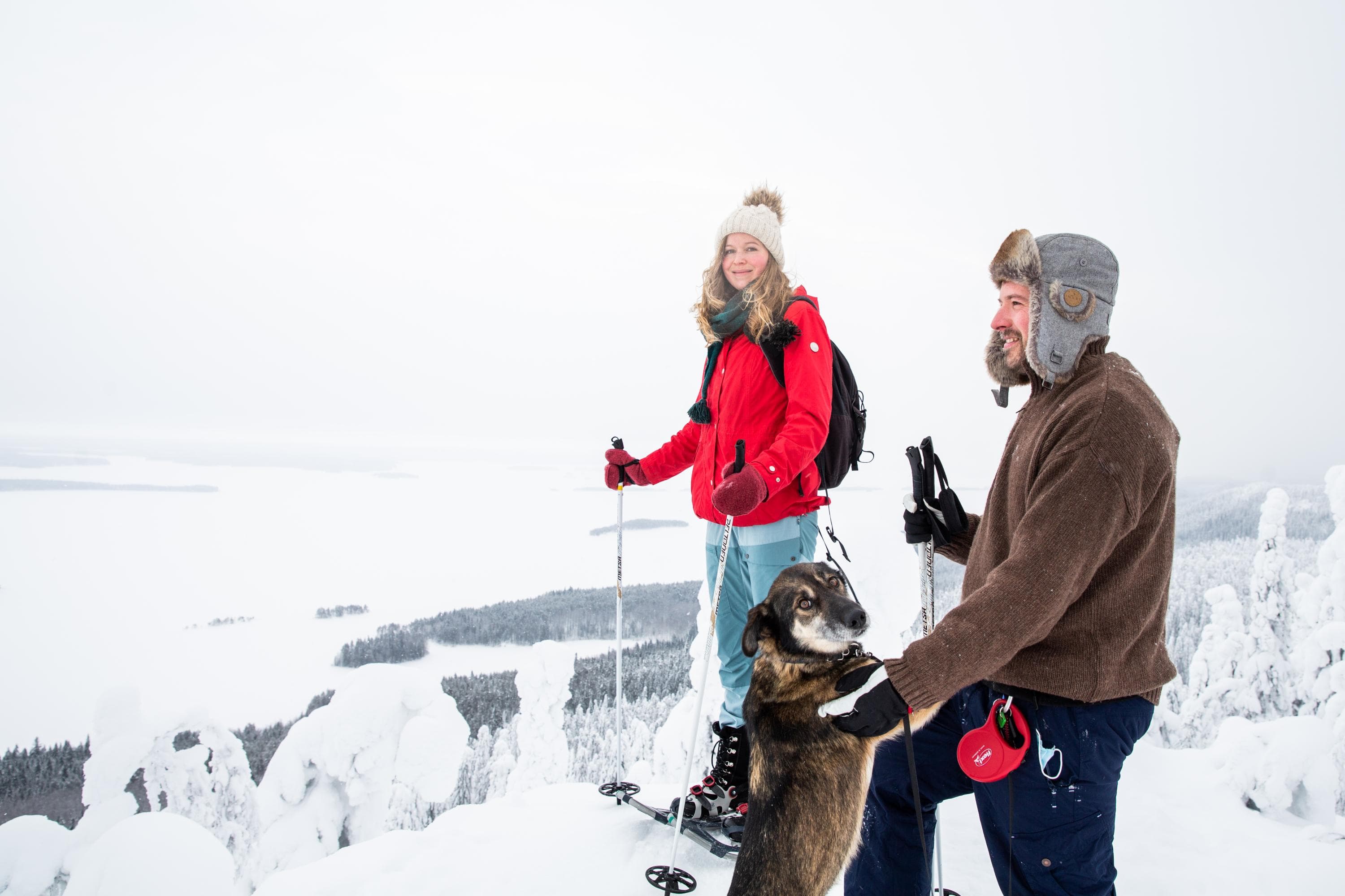 Image: Saara Lavi Two hikers and a dog stand on the top of a cliff, looking at the scenery.