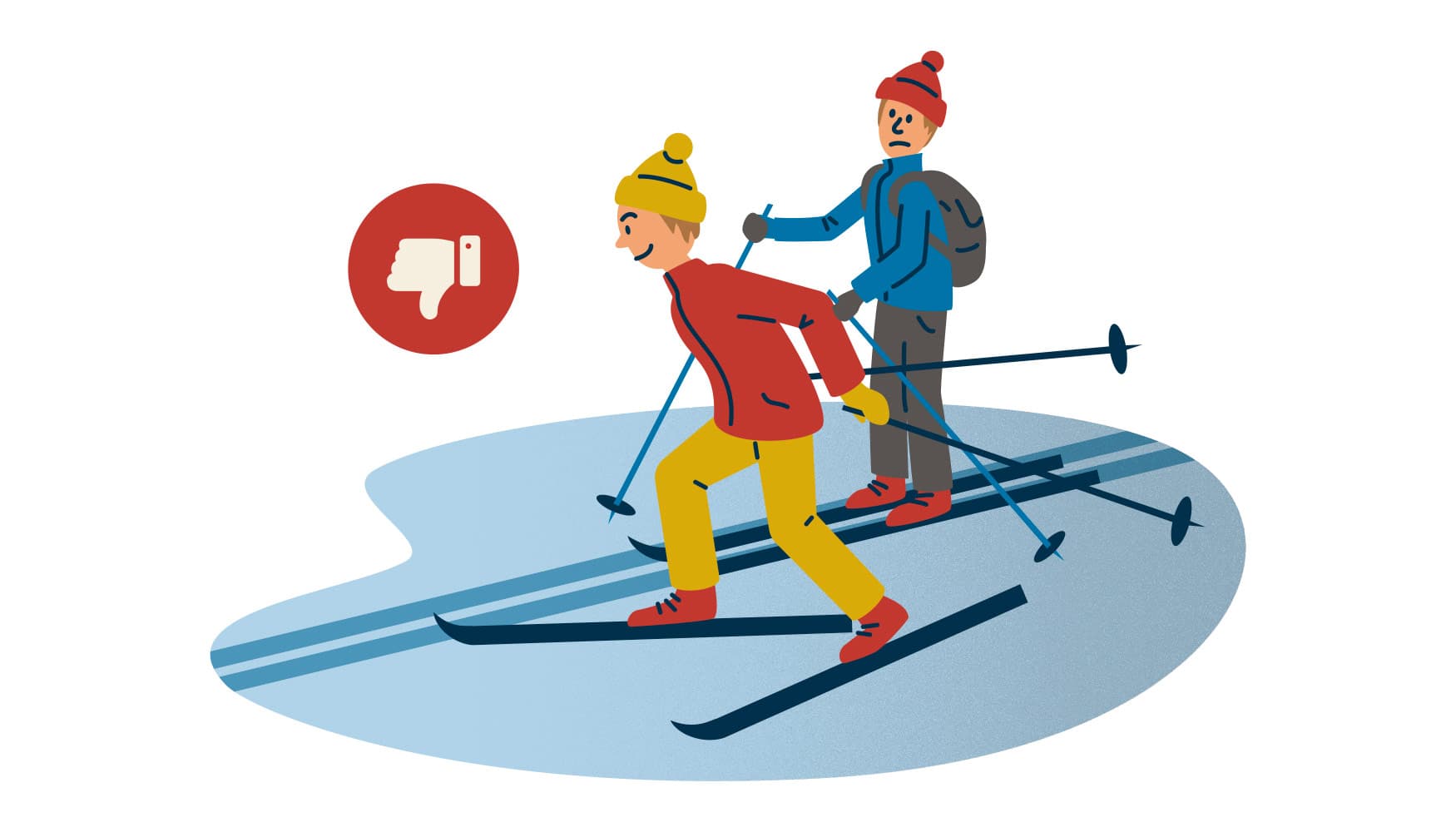 Kuva: Anna Pakkanen Hiihtäjä ohittaa toisen hiihtäjän kiilaamalla hänen eteen. Kuvassa on kieltomerkki.