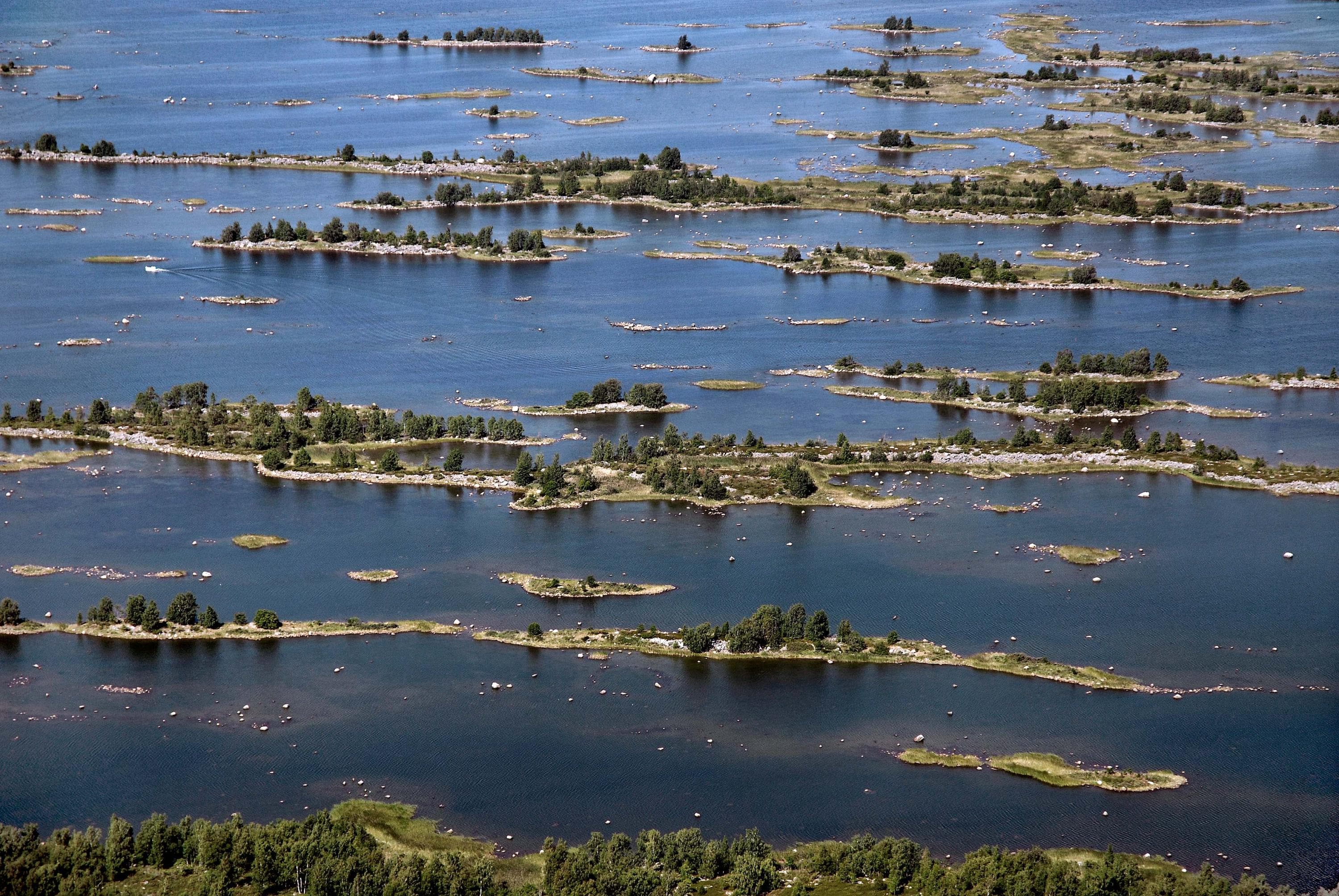 Image: Seppo Lammi A sunny, summery sea landscape dotted with longish, narrow moraine islets. Small patches of vegetation and trees are growing on the islets.