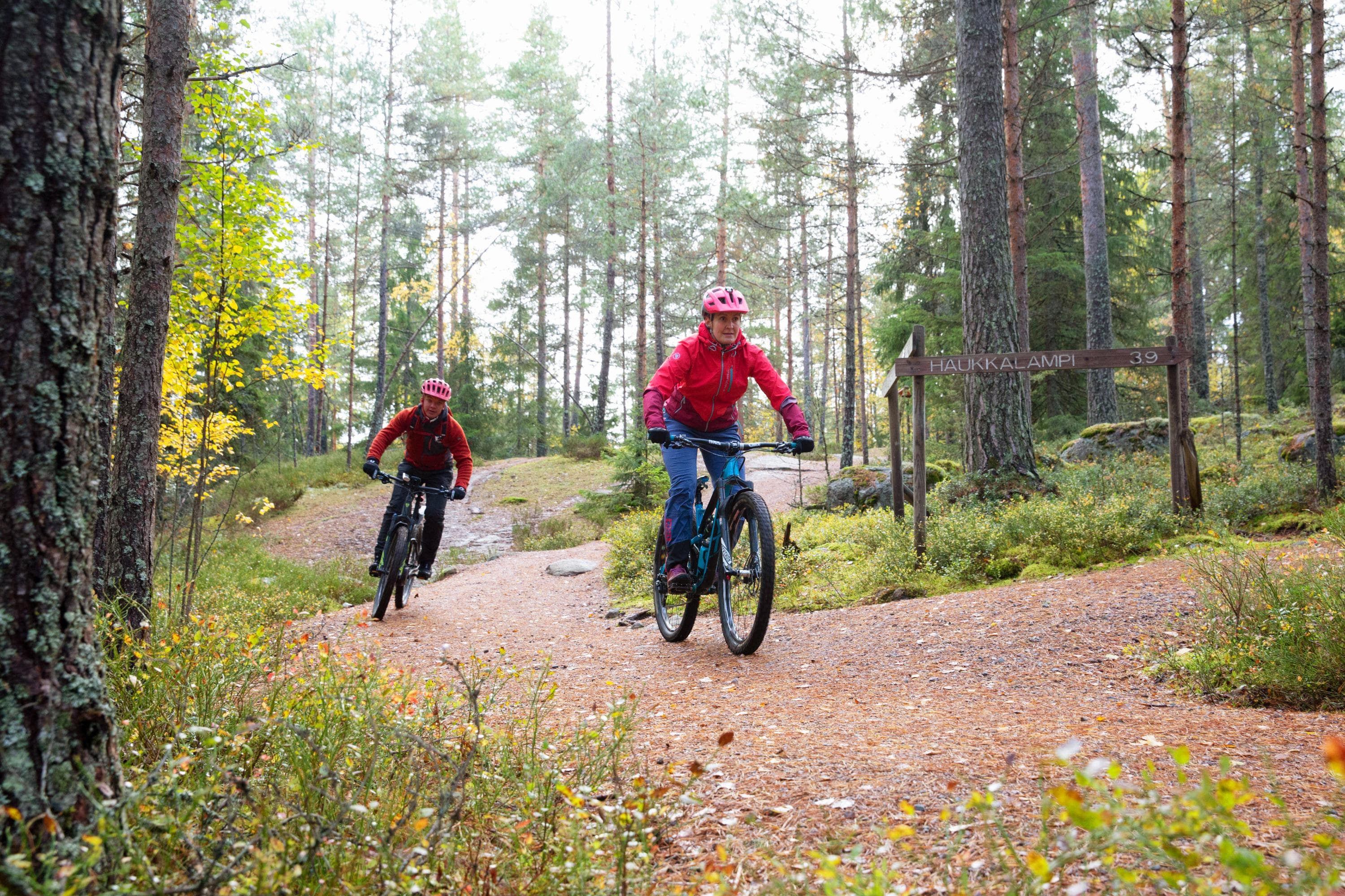 Kuva: Katri Lehtola Kaksi maastopyöräilijää pyöräilemässä polulla.