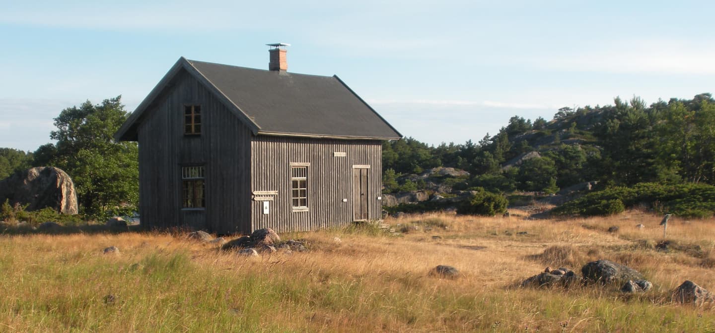 Image: Sanna-Mari Rivasto Grey wooden house in a grassy and stony courtyard, behind the forest.
