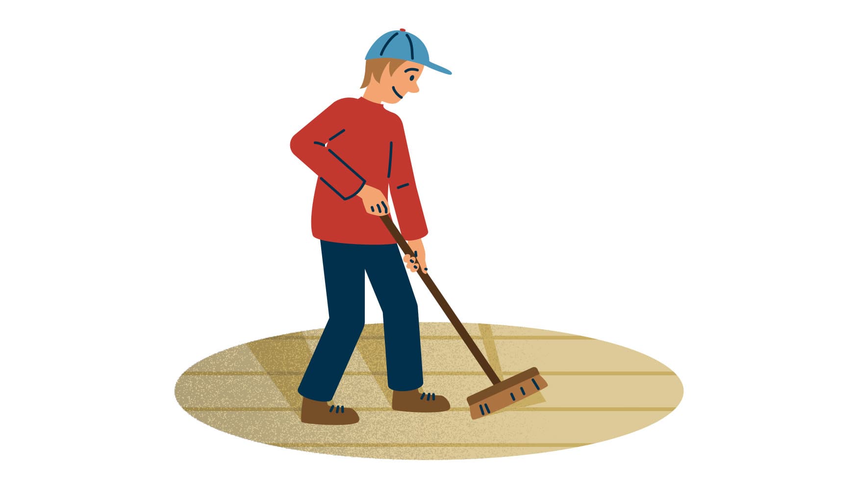 Image: Anna Pakkanen Retkeilijä lakaisee tuvan lattiaa