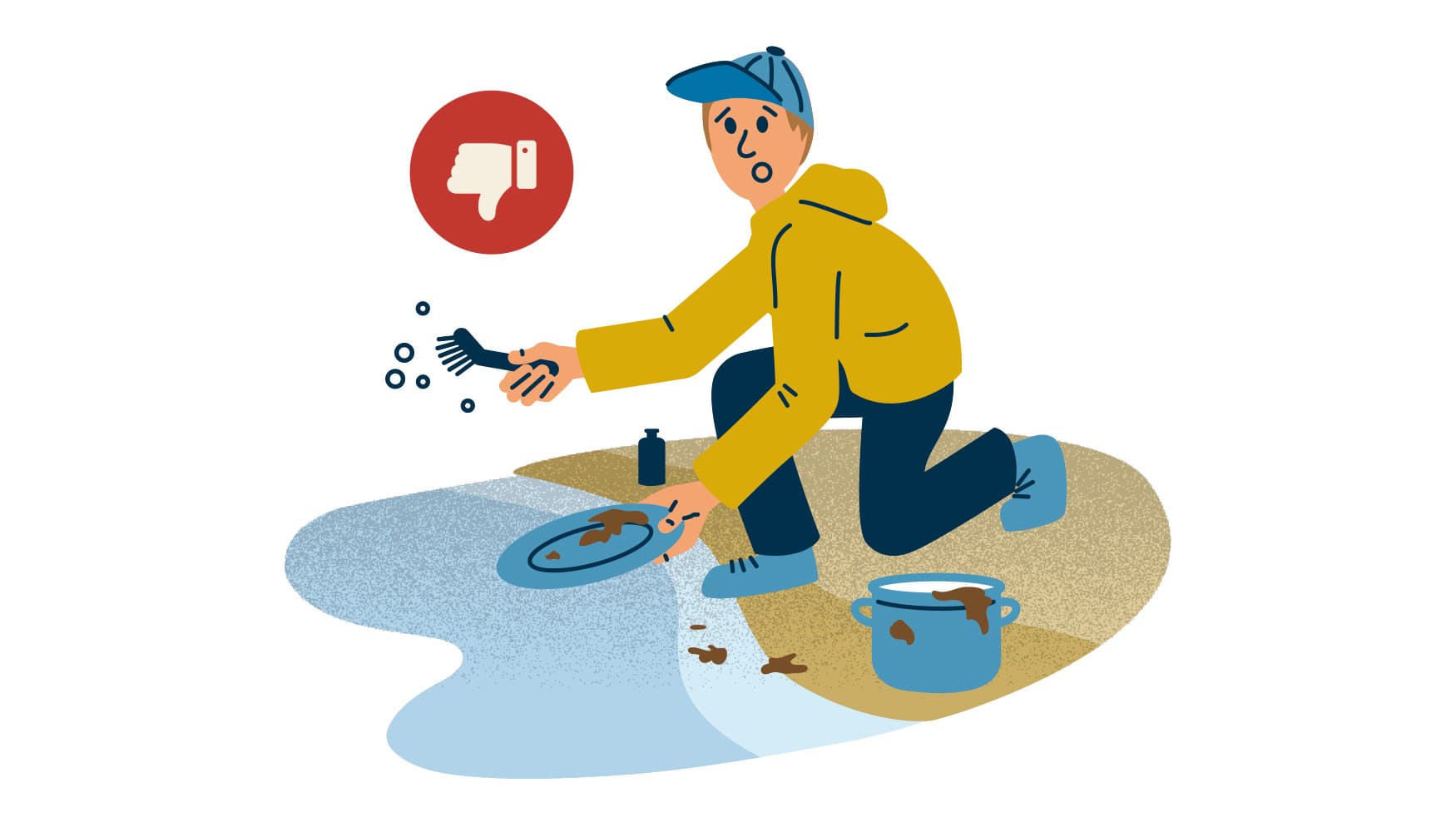 Image: Anna Pakkanen Retkeilijä pesee astioita luonnonvesissä. Kuvassa on kieltomerkki.