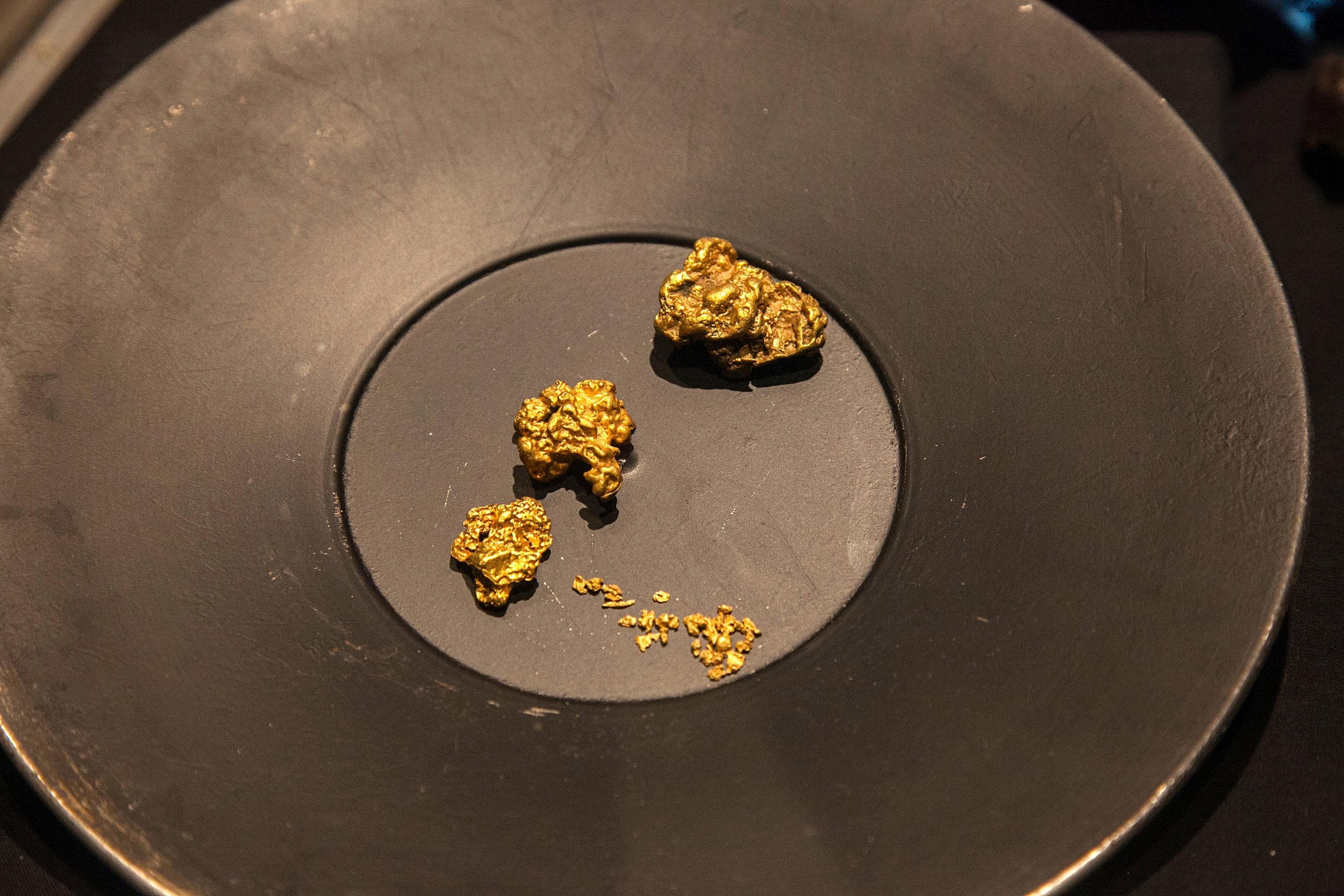 Kuva: Tapio Tynys Tumma metallinharmaa pyöreä vaskooli, jonka pohjalla on useita erikokoisia kultahippuja.