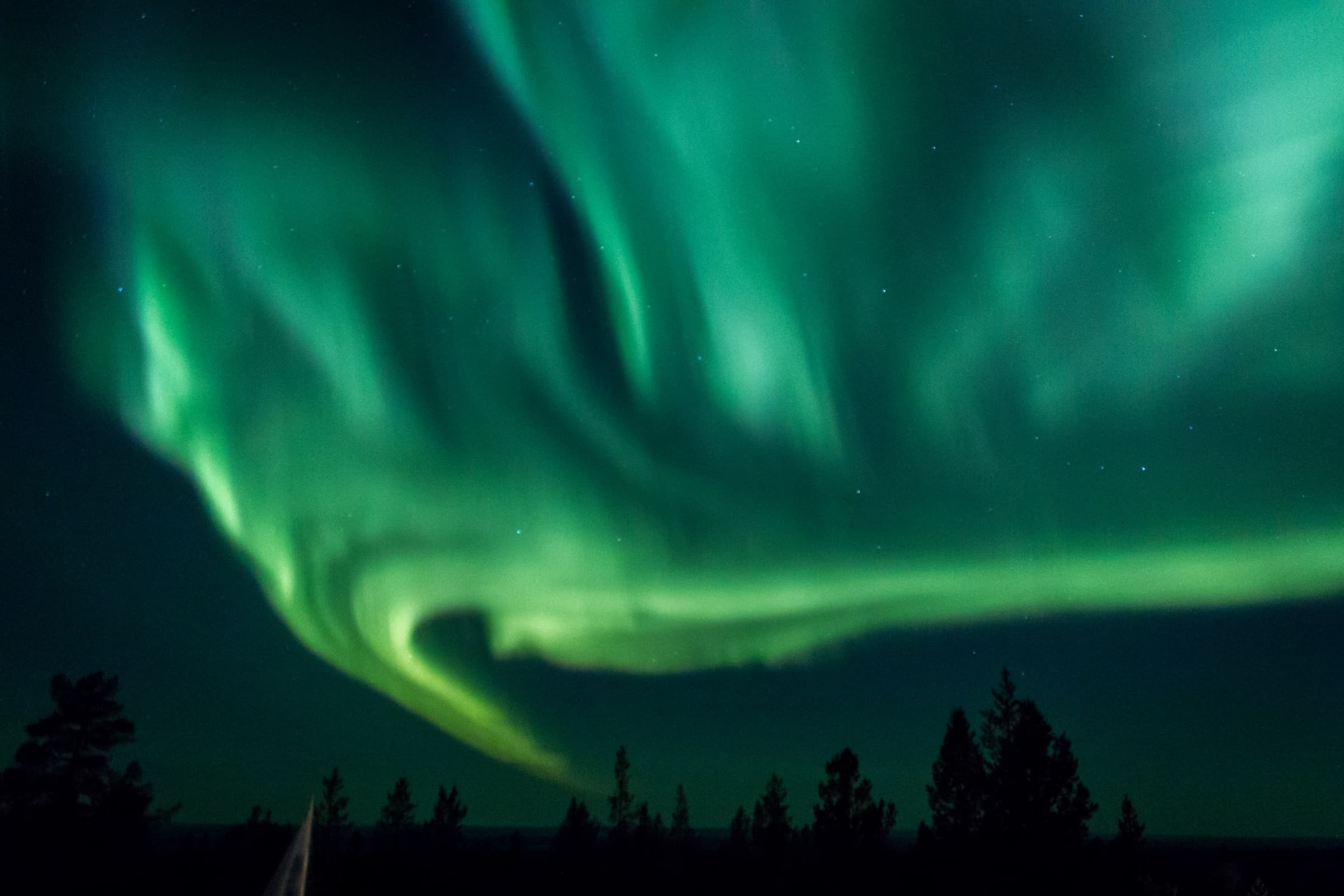 Bild: Juha Kaipainen Gröna norrsken flammar på himlen.