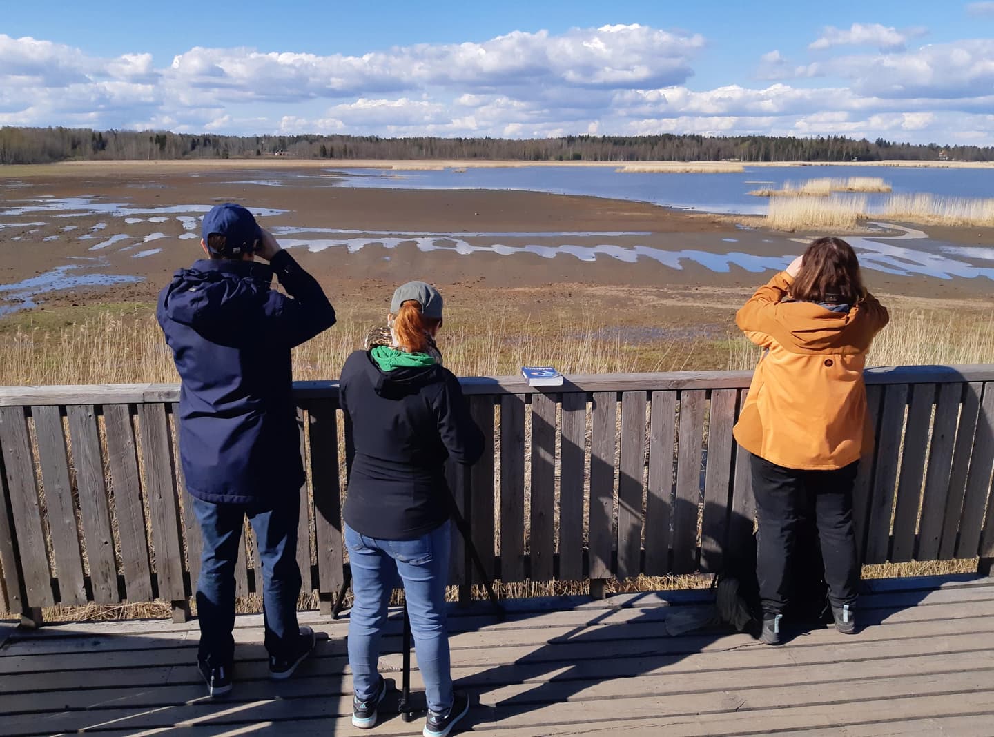 Image: Jussi Helimäki Individuals binoculars birds in a wooden bird tower. The spacious landscape shows waterways and reeds.