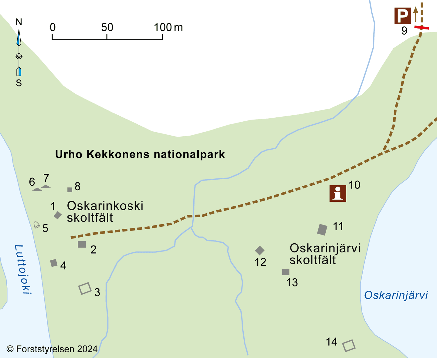 Image: Metsähallitus En situationsplan för ett bostadsområde, där marken visas i grönt och vattendragen i blått.