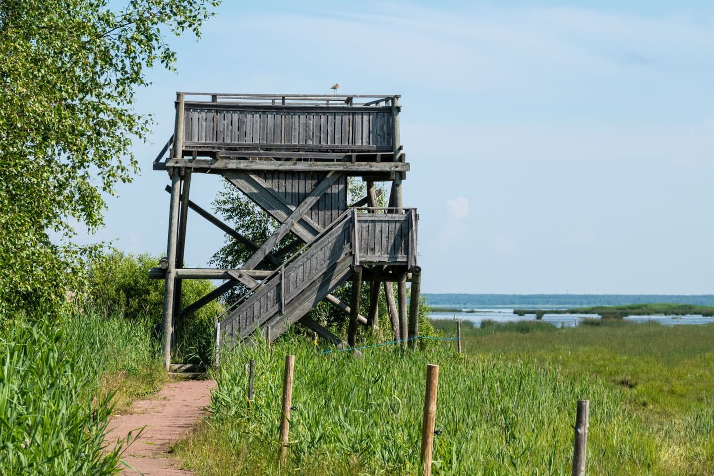Image: Ismo Lampi A weathered, wooden birdwatching tower at the edge of the coastal meadow. A path leads to the tower.