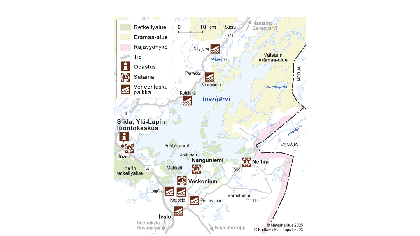 Image: Copyright Metsähallitus 2025. Map of the harbors and boat ramps on Lake Inari.