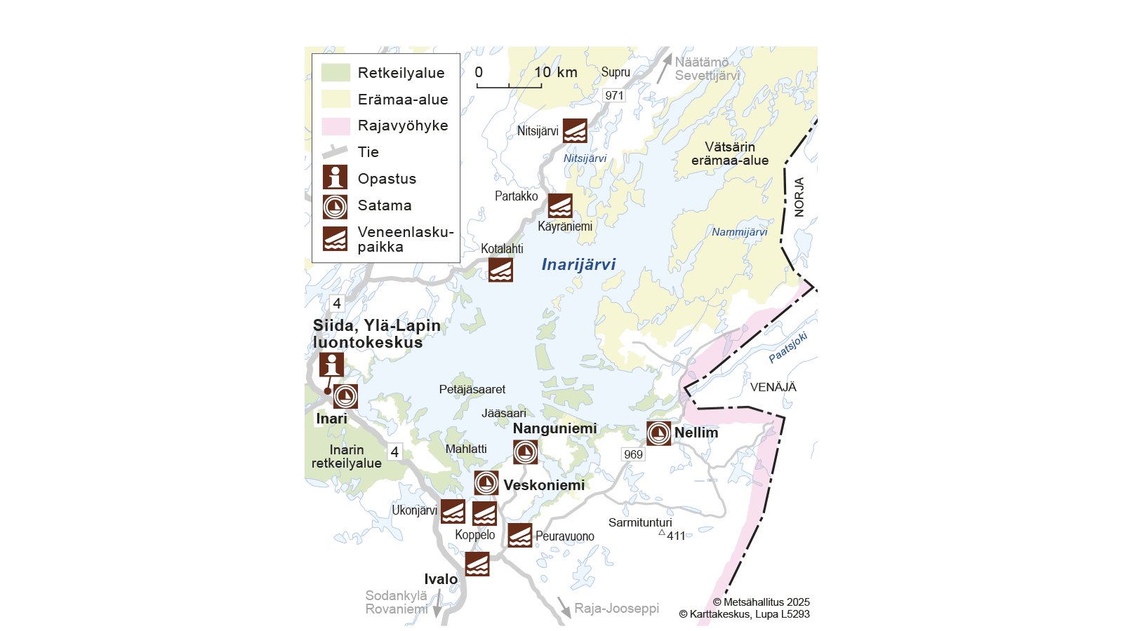 Image: Copyright Metsähallitus 2025. Map of the harbors and boat ramps on Lake Inari.