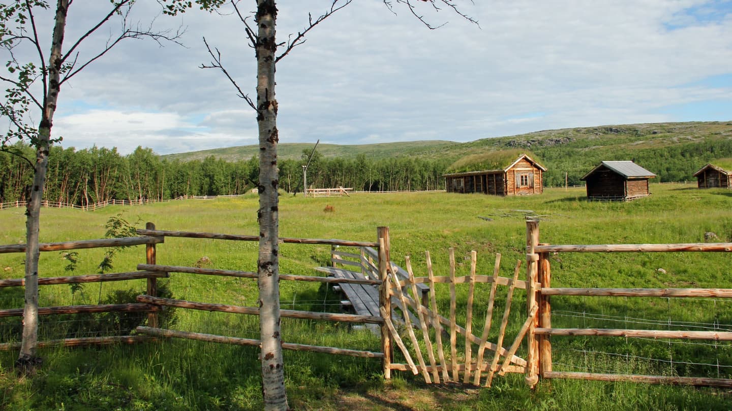 Image: Metsähallitus. A fenced residential area, with a wooden gate in the foreground. Inside the fenced area, there are several small wooden buildings.