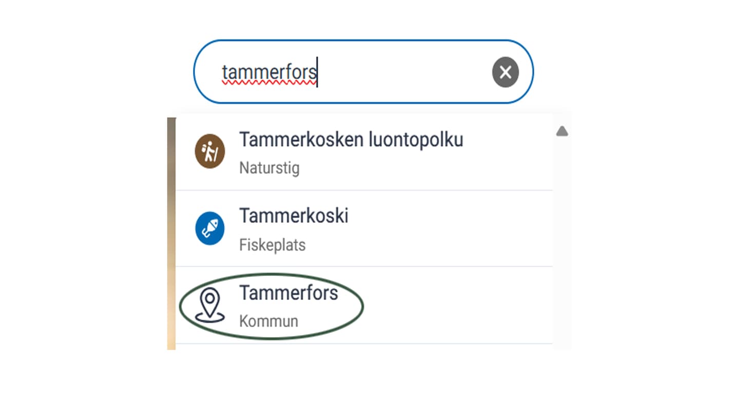 Image: Forststyrelsen Näkymä sanahaun tuloslistauksesta, jossa on haettu sanalla tampere. Kunta kohta on ympyröity listauksesta.