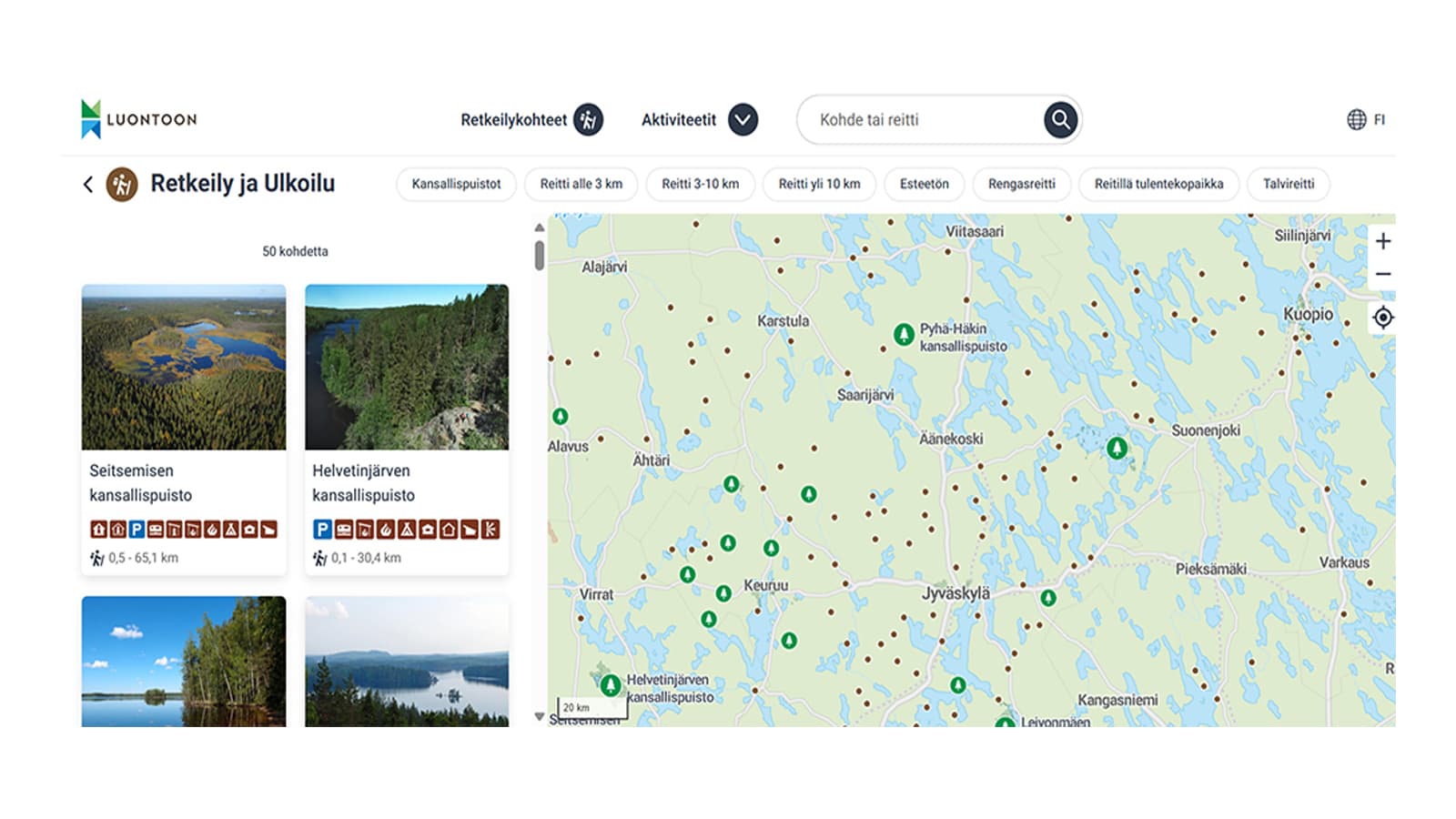 Luontoon-palvelun karttanäkymä.