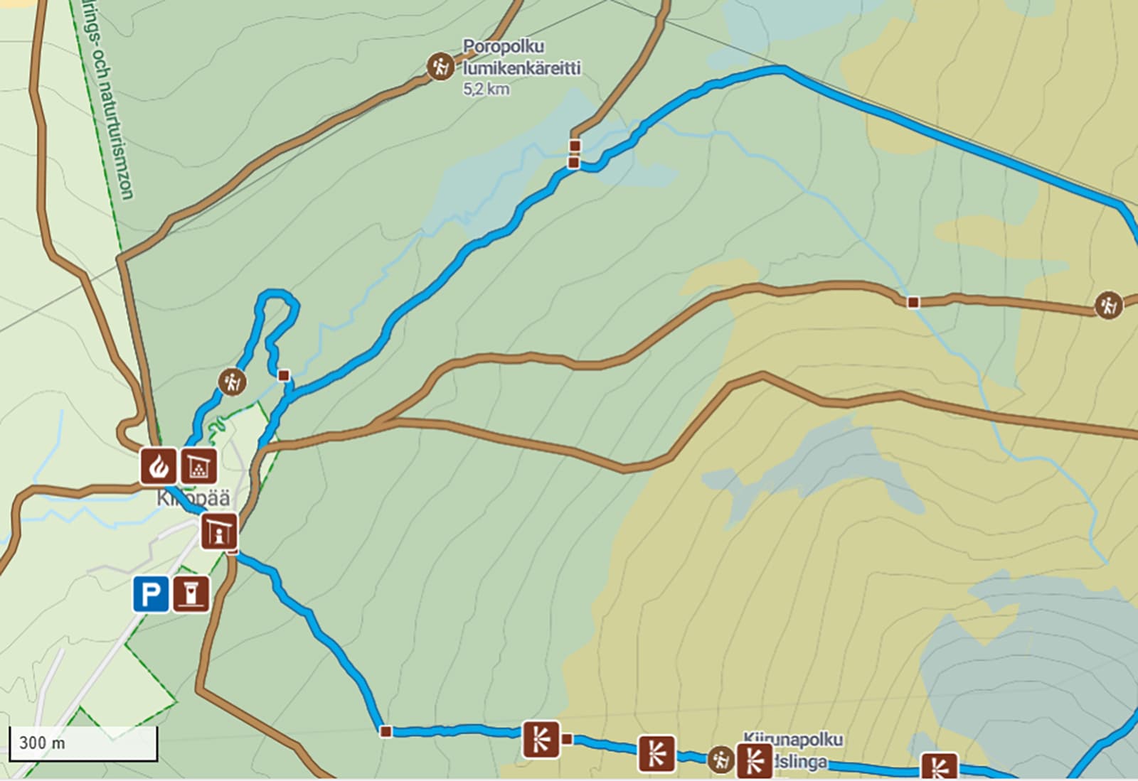 Image: Forststyrelsen Karttanäkymä, jossa reittejä ja retkeilyrakenteita sekä P-merkki ja osittainen vyöhyke-teksti.